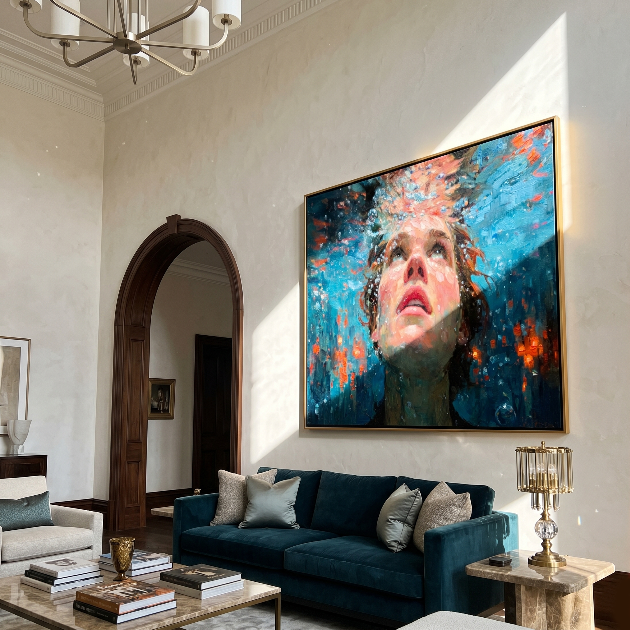 "Rising Breath Underwater" – Modern Heavy Impasto Figurative Art | 3D Turquoise & Coral Palette Knife Painting | Luxury Horizontal Wall Art#PE 004