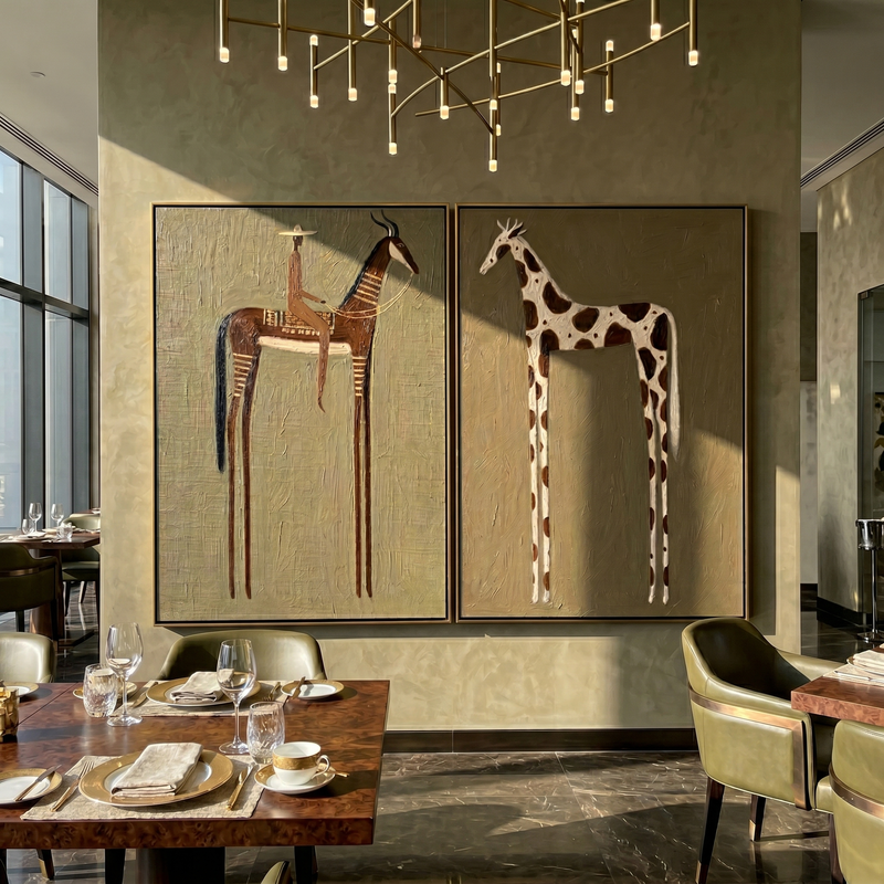 "The Beasts That Remember the Plain" — 3D Textured Abstract Western Rider Wall Art Set | Olive, Umber & Ivory Framed Diptych#VA624