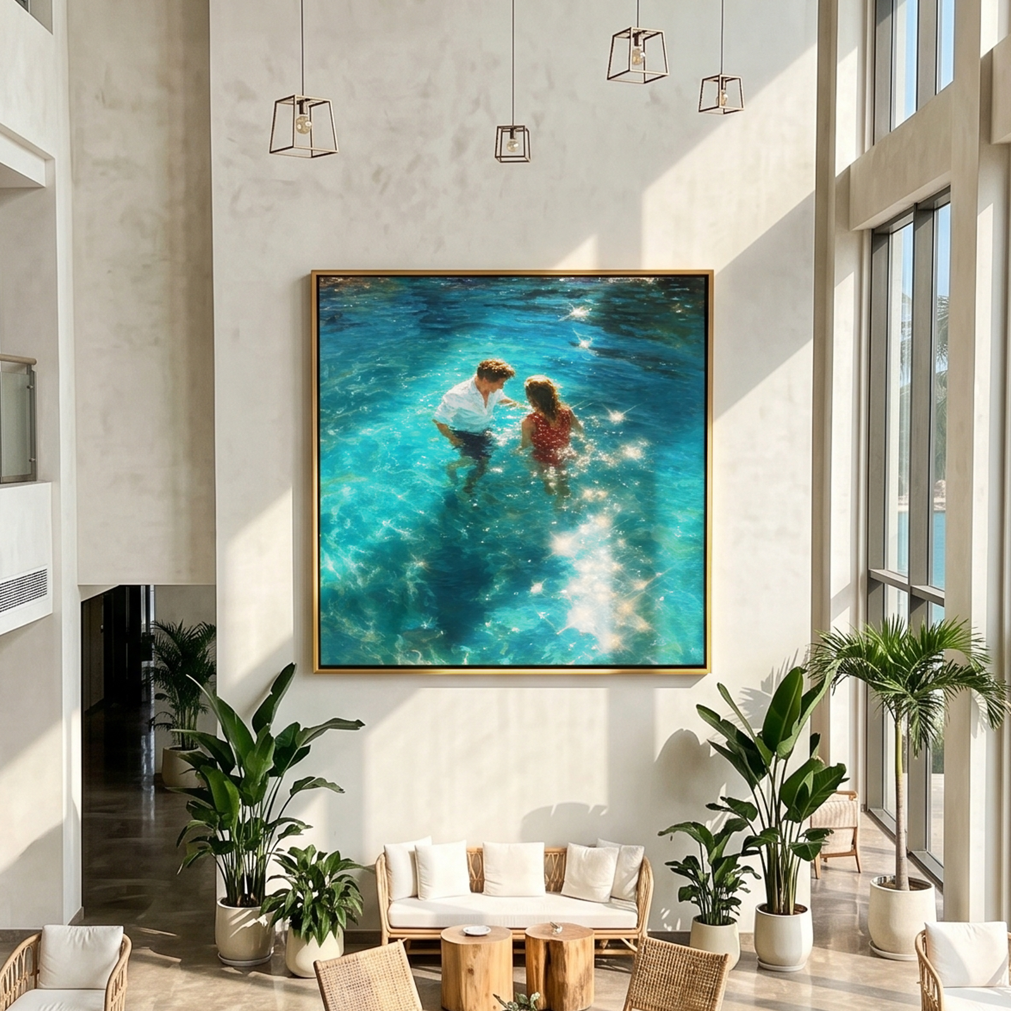 "Sunlit Water Embrace" – Modern Heavy Impasto Figurative Art | 3D Turquoise & Gold Palette Knife Painting | Luxury Square Wall Art#LC 004