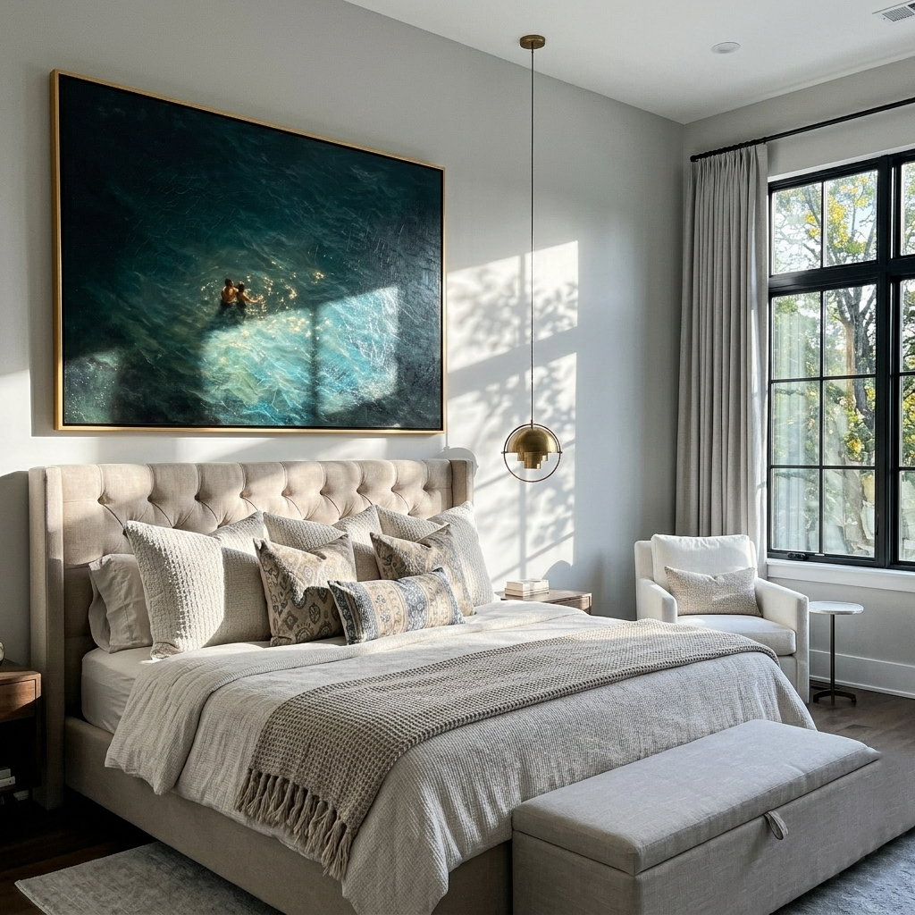"Golden Light Swim" – Modern Heavy Impasto Figurative Art | 3D Teal & Sunlit Gold Palette Knife Painting | Luxury Horizontal Wall Art#LC 006