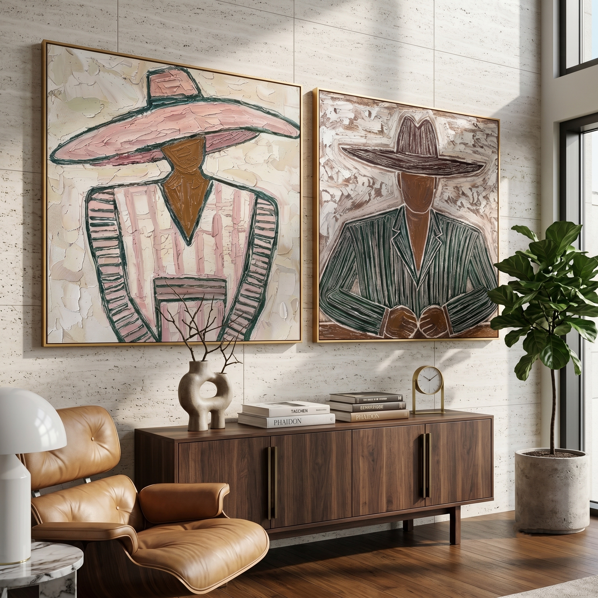 "Echoes Beneath the Brim" — 3D Textured Abstract Western Figure Wall Art Set | Pink & Umber Framed Diptych#VA614