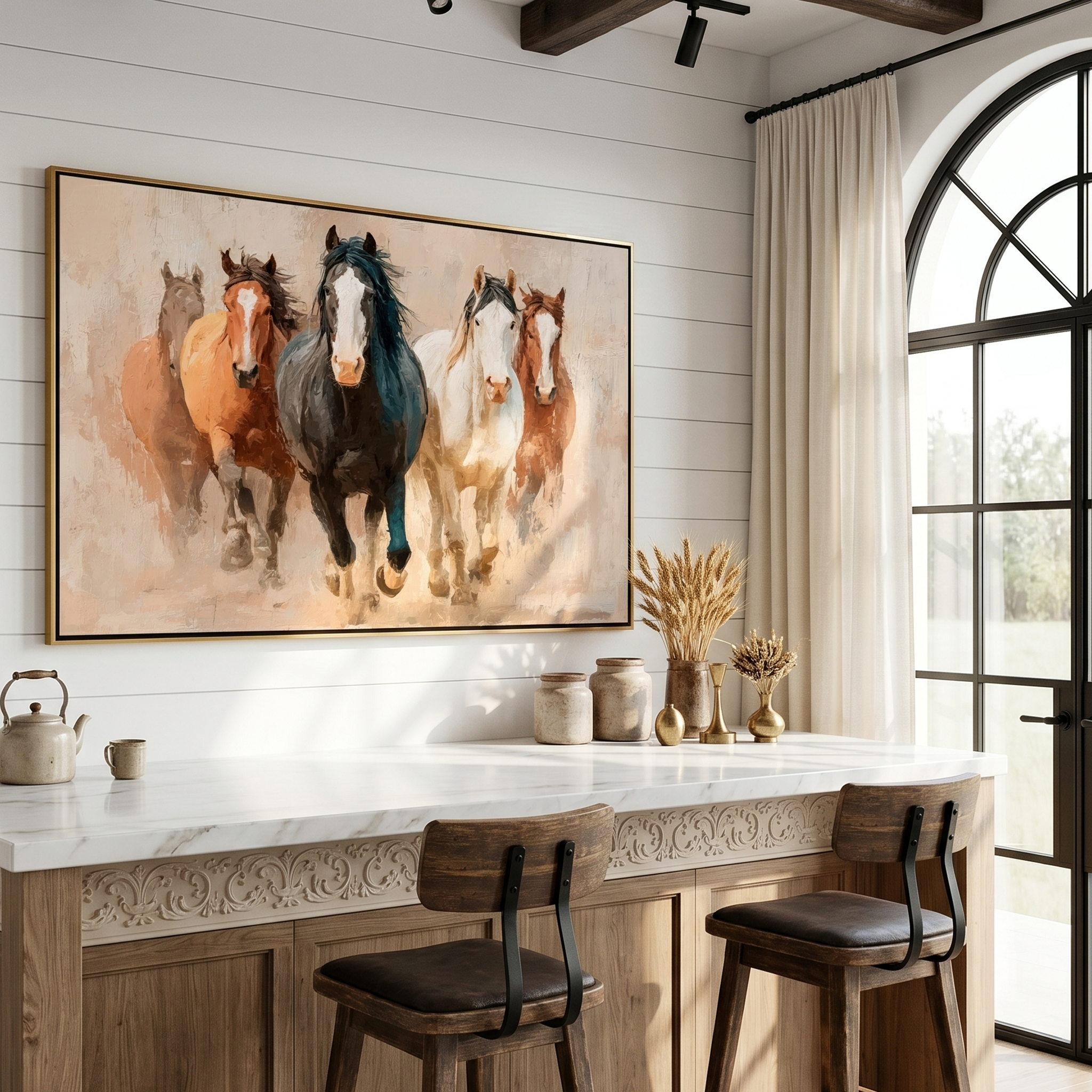 "Five Horses in Motion" – Tactile Wildlife Impressionist Art | Warm Browns & Soft Beige Impasto Wall Decor | Contemporary Horizontal Statement Piece#AN 003