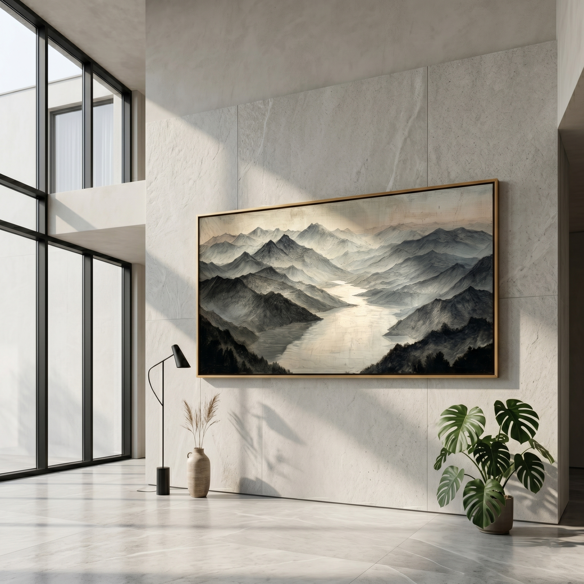 "Layered Mountain Valley" – Modern Heavy Impasto Landscape Art | 3D Monochrome & Soft Beige Palette Knife Painting | Luxury Horizontal Wall Art#PT 019