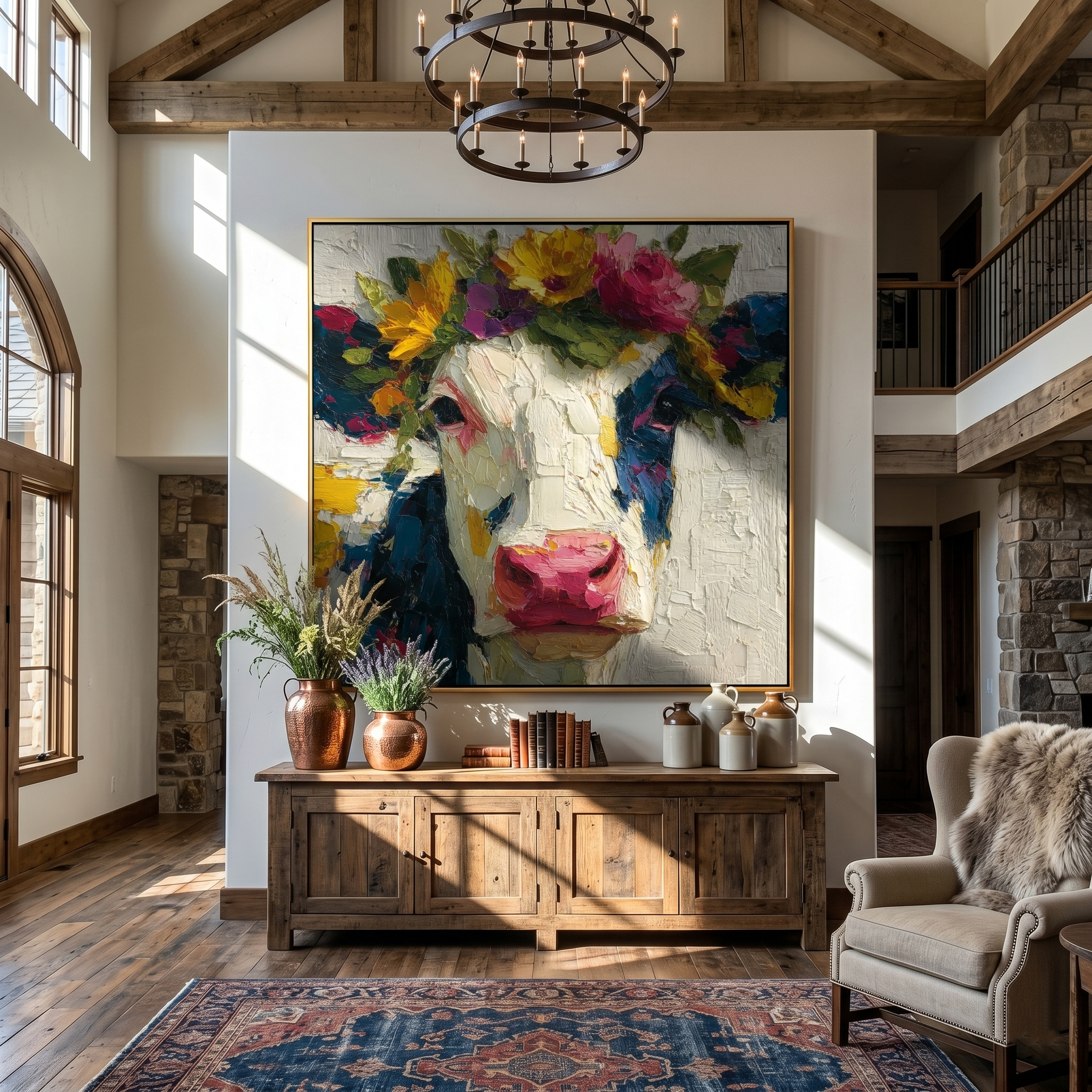 "Whimsical Bovine Beauty" – Tactile Farm Animal Art | Vibrant Floral & Neutral Impasto Wall Decor | Contemporary Square Art#AN 002