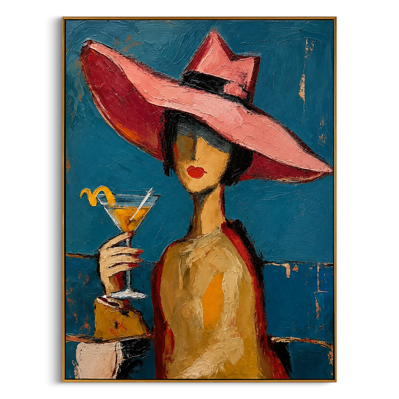 "Retro Woman with Martini" – Tactile Mid-Century Portrait Artwork | Bold Blue & Warm Ochre Impasto Wall Decor | Contemporary Vertical Statement Piece#PE 009