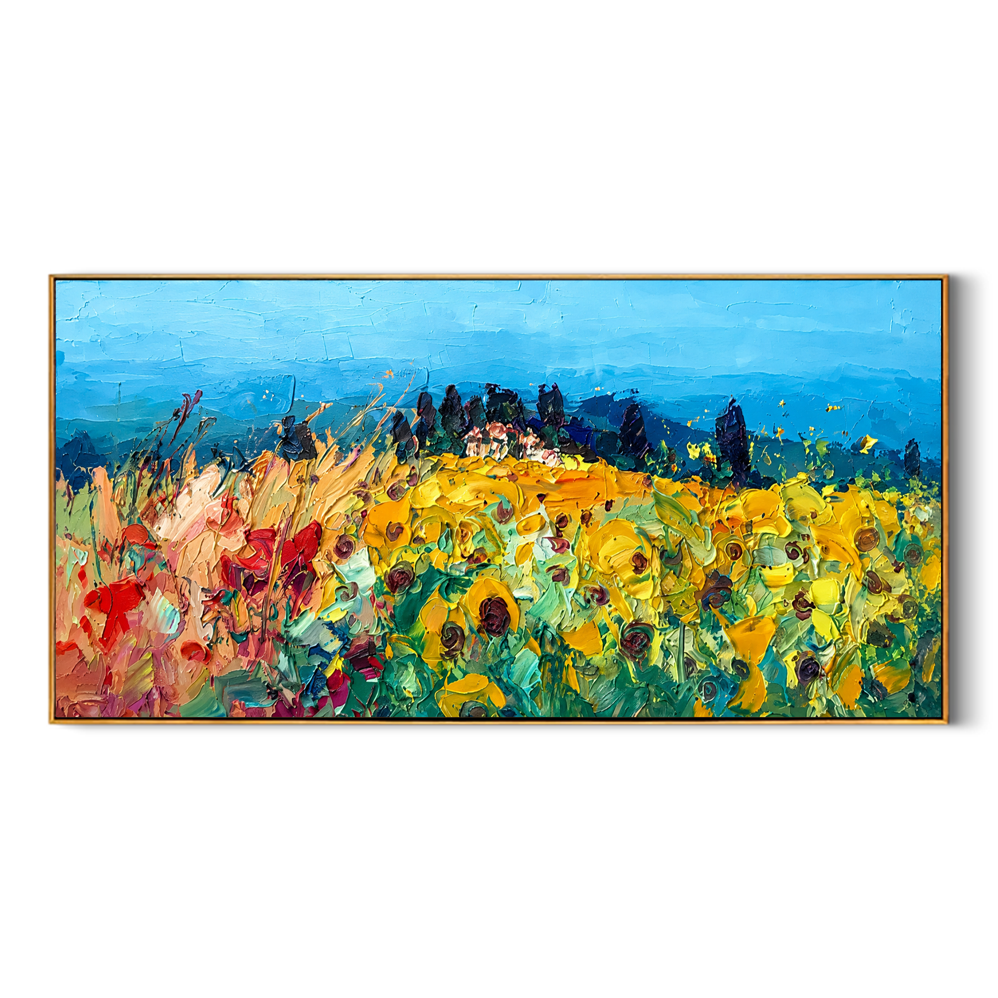 "Meadow Rhapsody" - Colorful Impasto Flower Field Landscape | Blue Sky & Yellow Bloom Wall Art