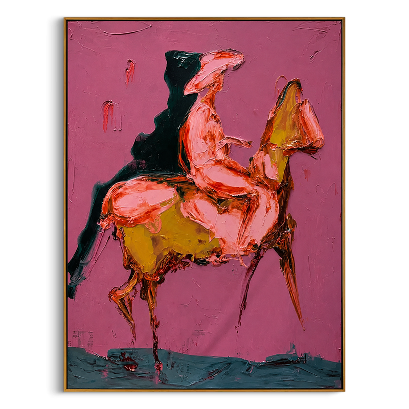 "Abstract Horse and Rider" – Tactile Expressionist Artwork | Bold Pink & Warm Earth Tones Impasto Wall Decor | Contemporary Vertical Statement Piece#AB 002