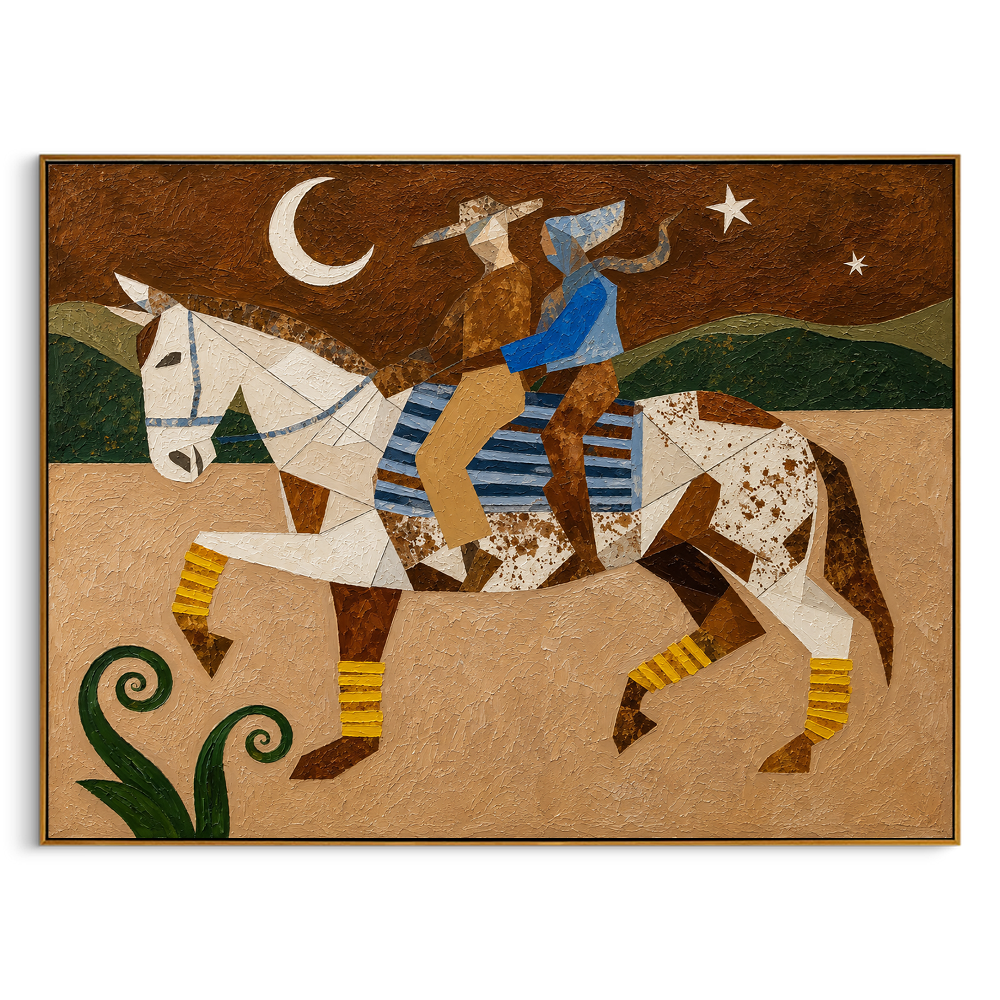 "Moonlit Riders" – Modern Heavy Impasto Cubist Folk Art | 3D Ochre & Cerulean Palette Knife Painting | Luxury Horizontal Wall Art #AB 018