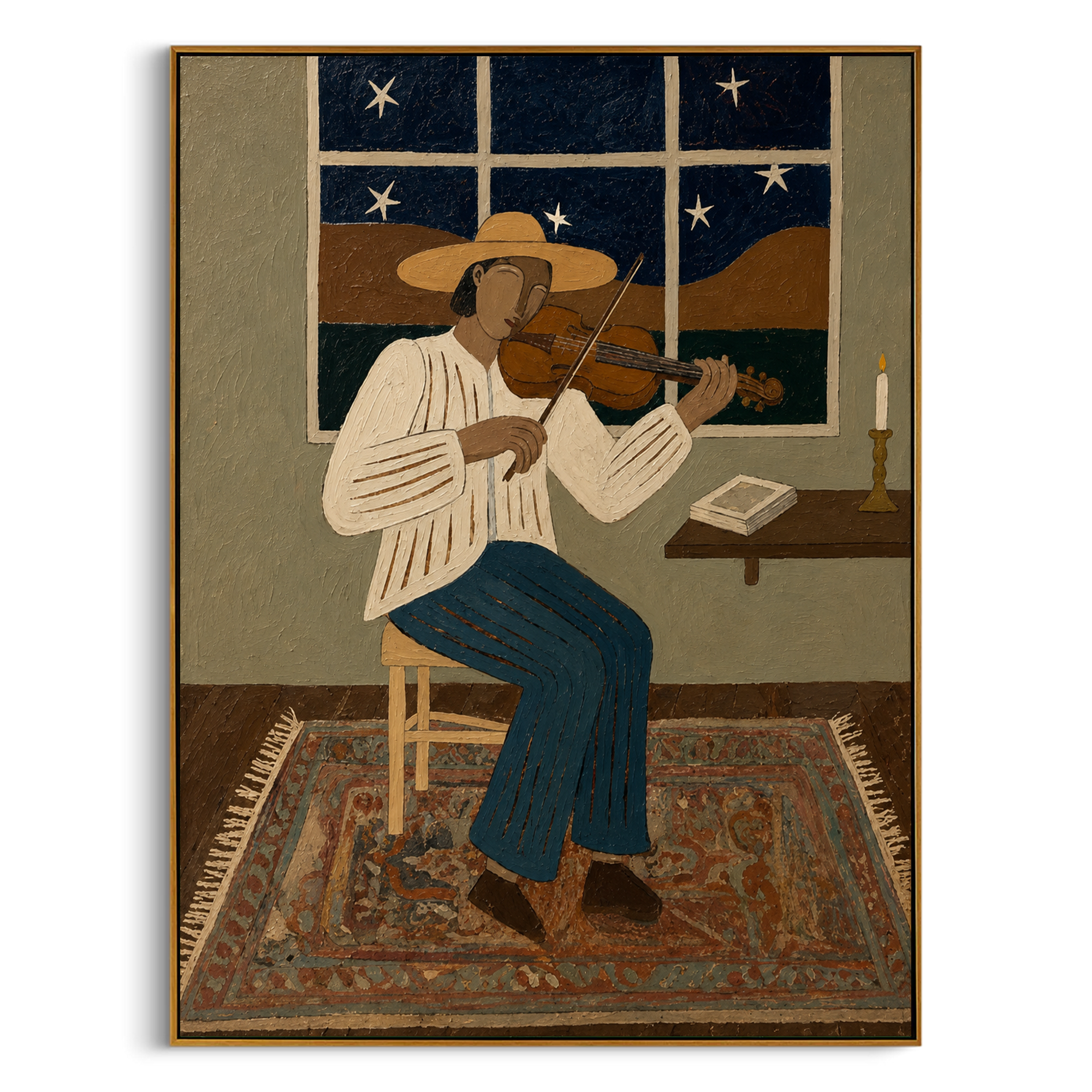 "The Night Violinist" – Minimalist Folk Impasto Artwork | Warm Earthy Tones Wall Decor | Contemporary Vertical Statement Piece #PE 013