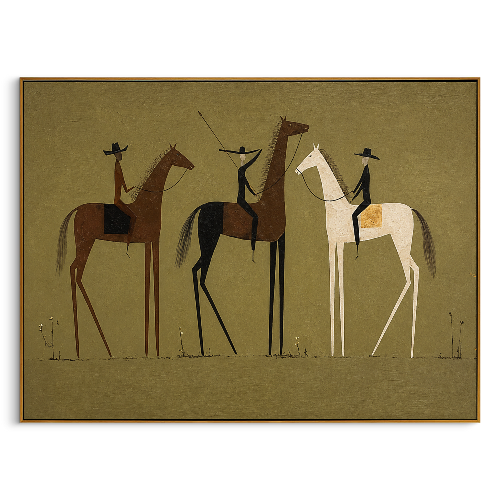 "Three Western Riders" – Modern Heavy Impasto Minimalist Folk Art | 3D Olive & Umber Palette Knife Painting | Luxury Horizontal Wall Art #AB 019