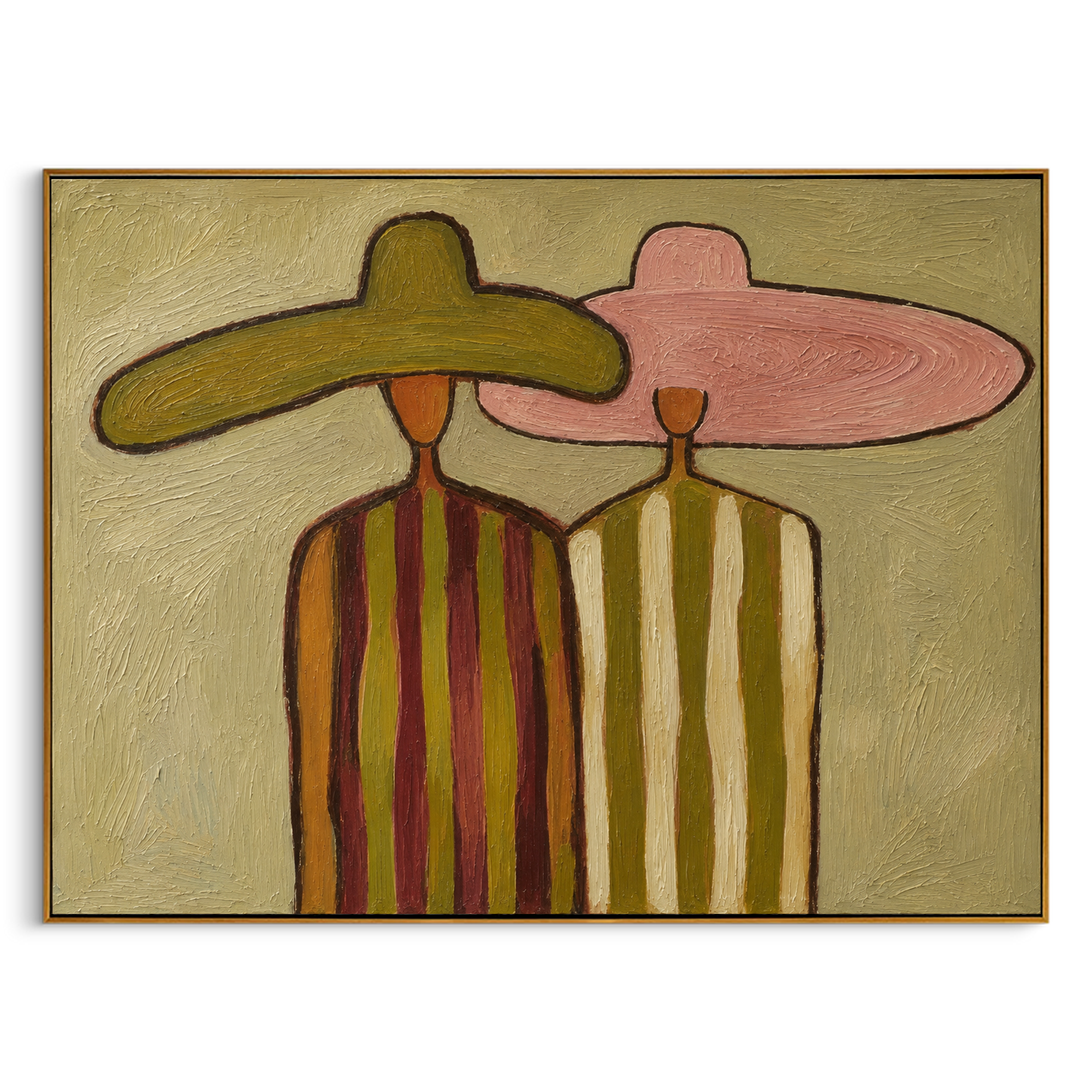 "Striped Sombrero Pair" – Modern Heavy Impasto Folk Art | 3D Olive & Blush Palette Knife Painting | Luxury Horizontal Wall Art #PE 020