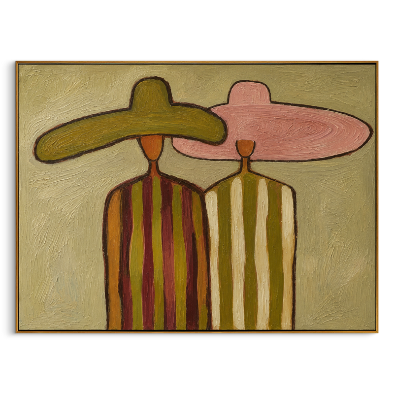 "Striped Sombrero Pair" – Modern Heavy Impasto Folk Art | 3D Olive & Blush Palette Knife Painting | Luxury Horizontal Wall Art #PE 020