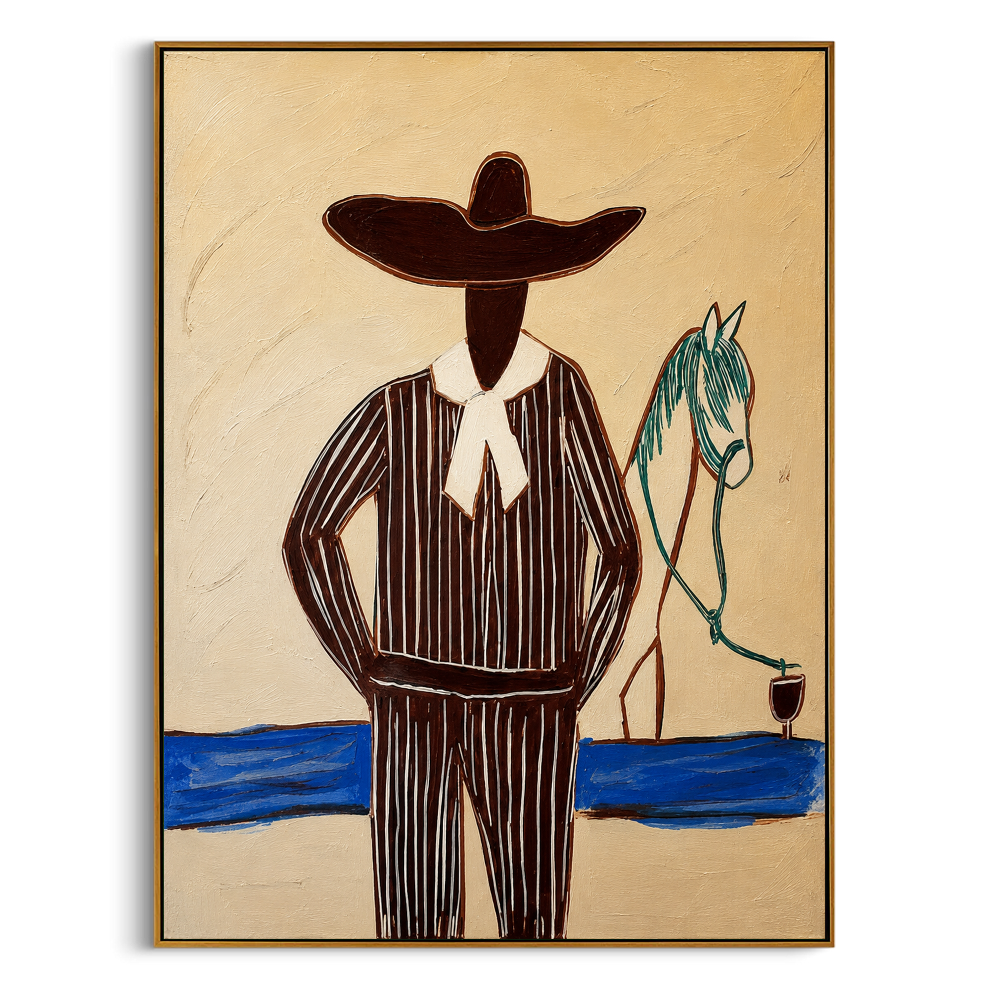 "The Charro & His Steed" – Modern Heavy Impasto Folk Western Art | 3D Sepia & Turquoise Palette Knife Painting | Luxury Vertical Wall Art #PT 021