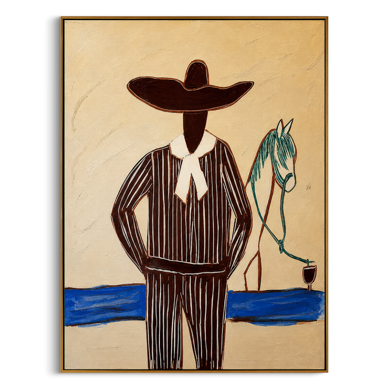 "The Charro & His Steed" – Modern Heavy Impasto Folk Western Art | 3D Sepia & Turquoise Palette Knife Painting | Luxury Vertical Wall Art #PT 021