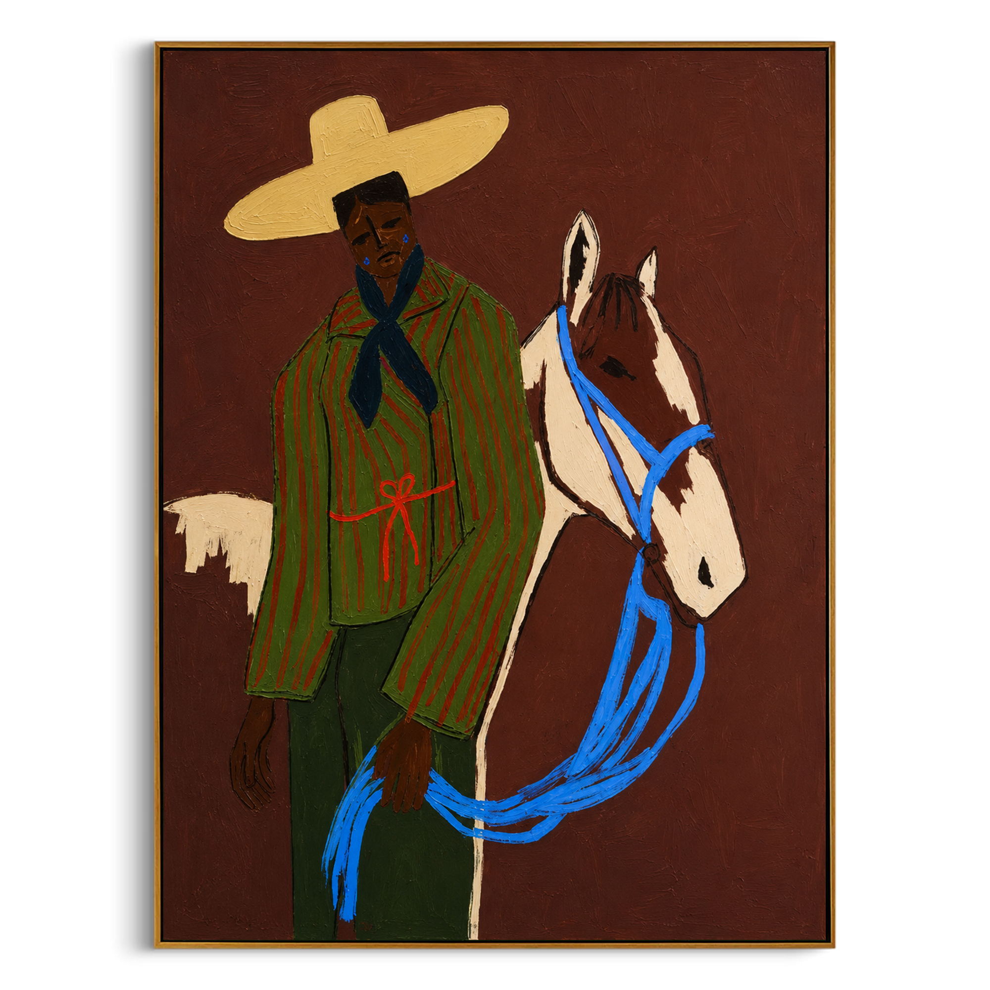 "The Herder & His Pinto" – Modern Heavy Impasto Folk Western Art | 3D Russet & Cobalt Palette Knife Painting | Luxury Vertical Wall Art #PT 022
