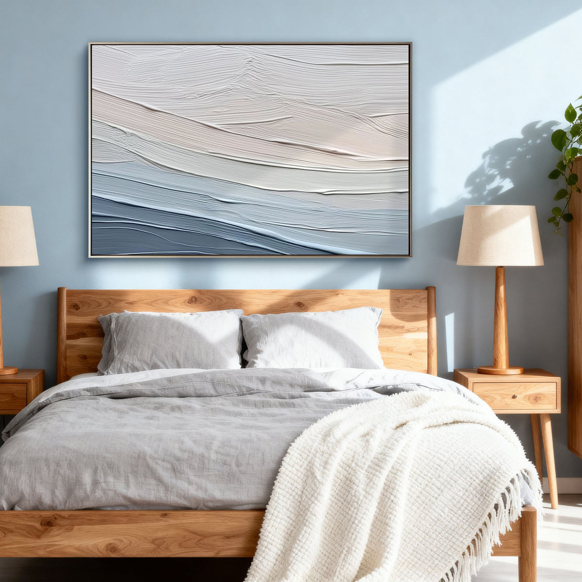 "Beige Lines" - 3D Heavy Impasto Plaster Relief | Blue & Beige Plaster Texture Statement Art