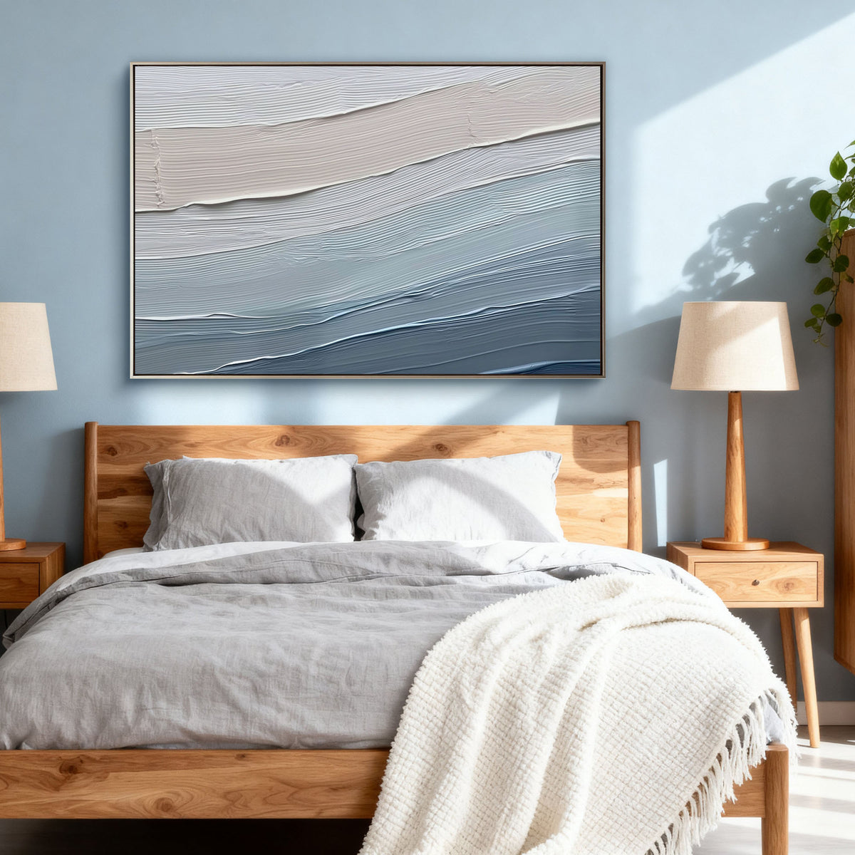 "Warm Lattice" - 3D Heavy Impasto Plaster Relief | Blue & Beige Plaster Texture Statement Art