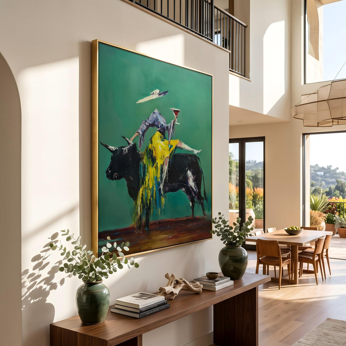 "Velvet Toast of the Emerald Bull" - Modern Heavy Impasto Western Animal Artwork | Green Palette Knife Painting | Luxury Vertical Wall Art #YK 1594
