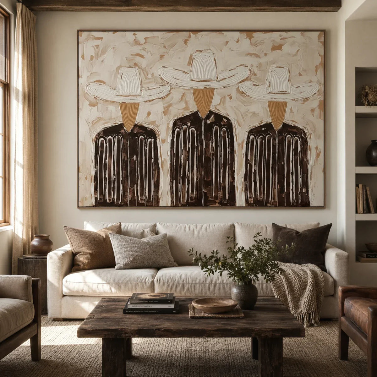 "Trinity in Linen" - Modern Heavy Impasto Abstract Artwork | Black & Golden Palette Knife Painting | Luxury Horizontal Wall Art #YK 1588