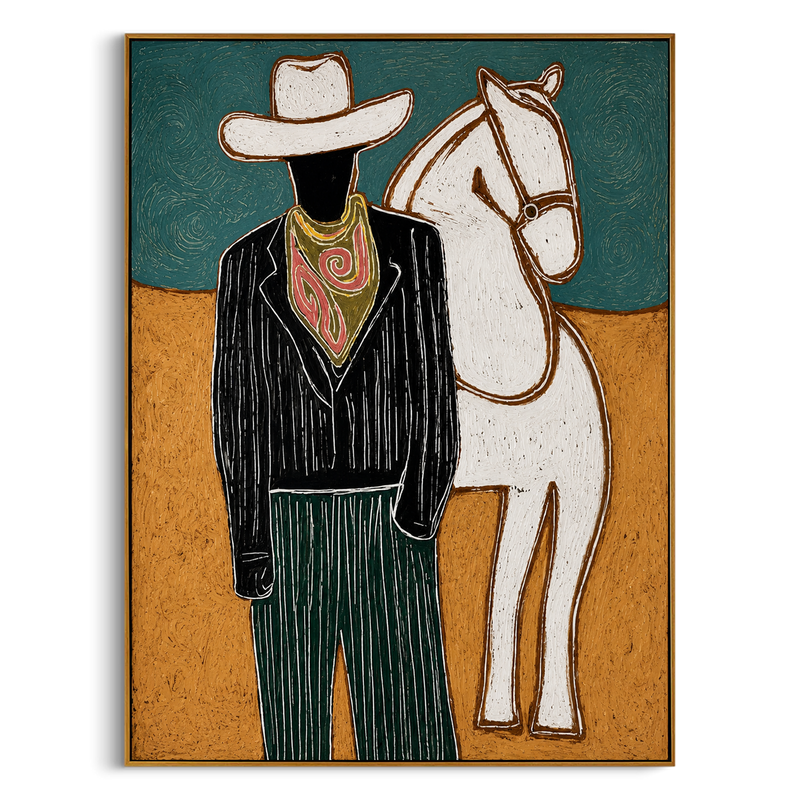 "The Dapper Cowboy & His Steed" – Modern Heavy Impasto Western Art | 3D Teal & Ochre Palette Knife Painting | Luxury Vertical Wall Art #PT 023