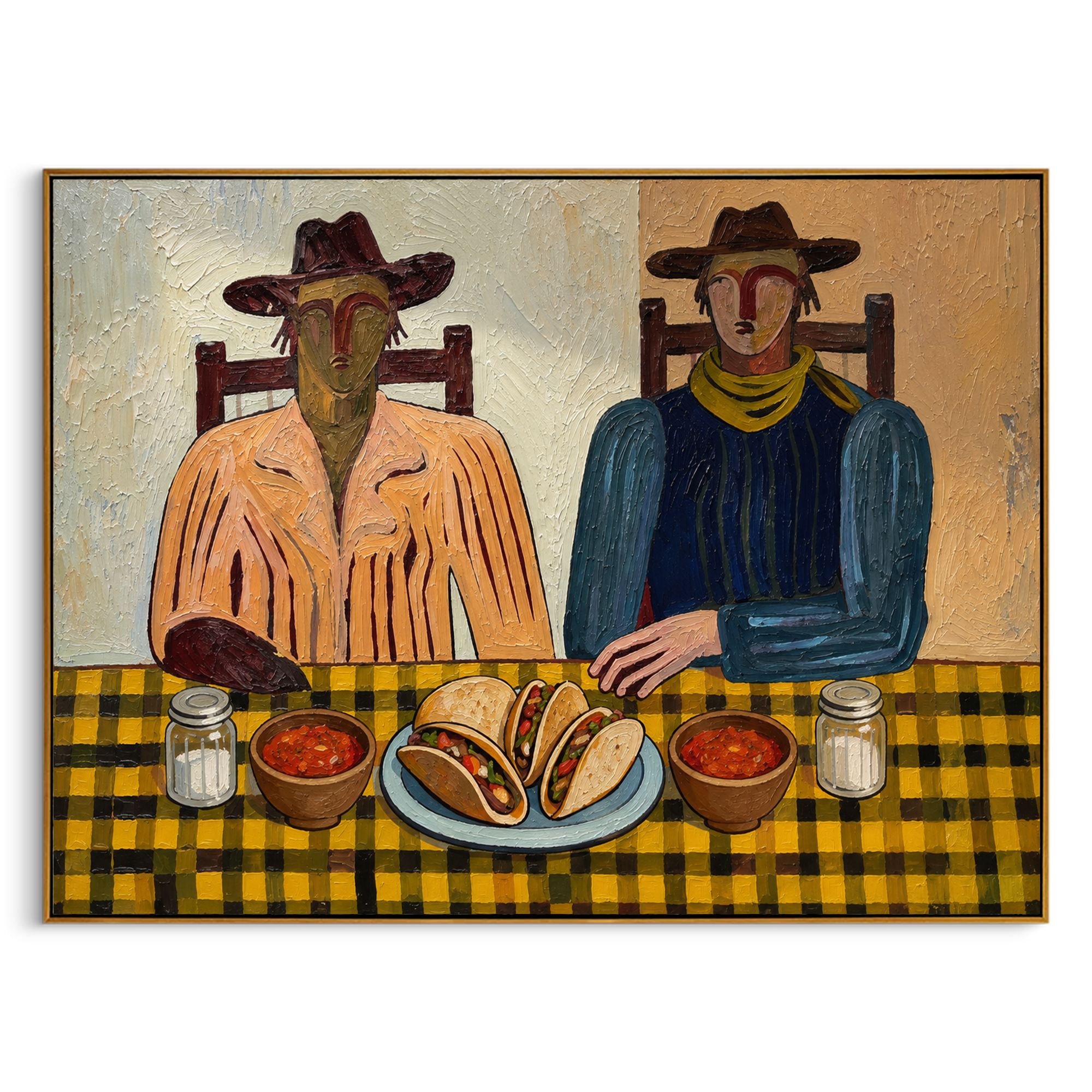 "Taco Night Companions" – Modern Heavy Impasto Folk Art | 3D Ochre & Indigo Palette Knife Painting | Luxury Horizontal Wall Art #PE 022