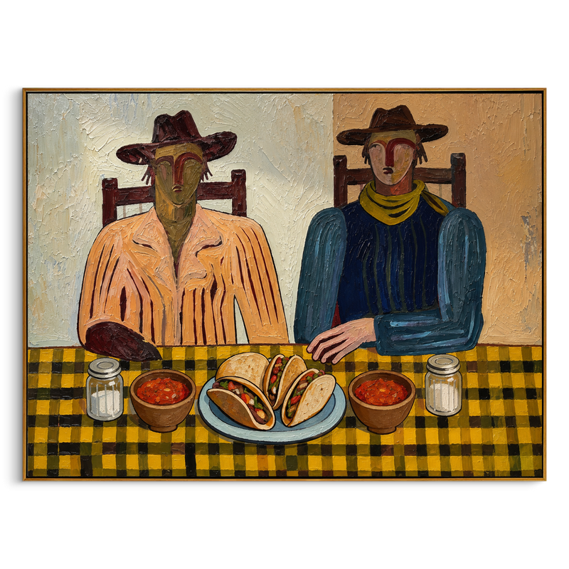 "Taco Night Companions" – Modern Heavy Impasto Folk Art | 3D Ochre & Indigo Palette Knife Painting | Luxury Horizontal Wall Art #PE 022