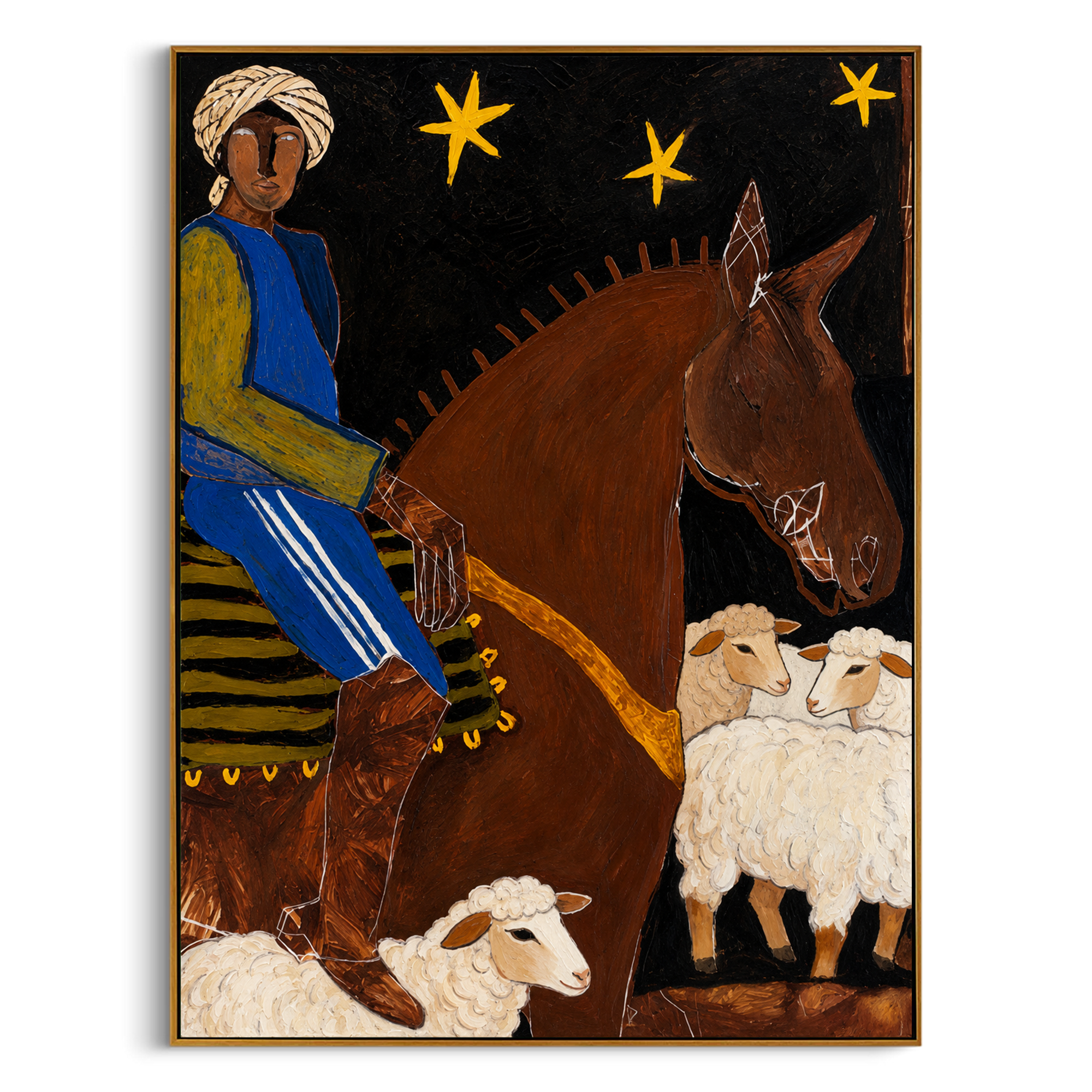 "The Night Herder" – Modern Heavy Impasto Folk Art | 3D Indigo & Ochre Palette Knife Painting | Luxury Vertical Wall Art #PT 024