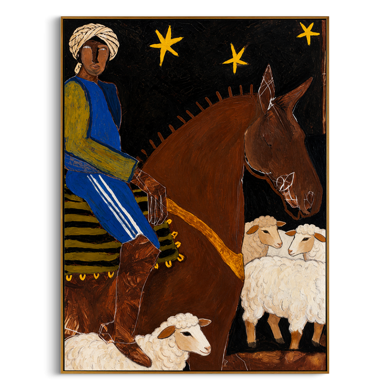 "The Night Herder" – Modern Heavy Impasto Folk Art | 3D Indigo & Ochre Palette Knife Painting | Luxury Vertical Wall Art #PT 024