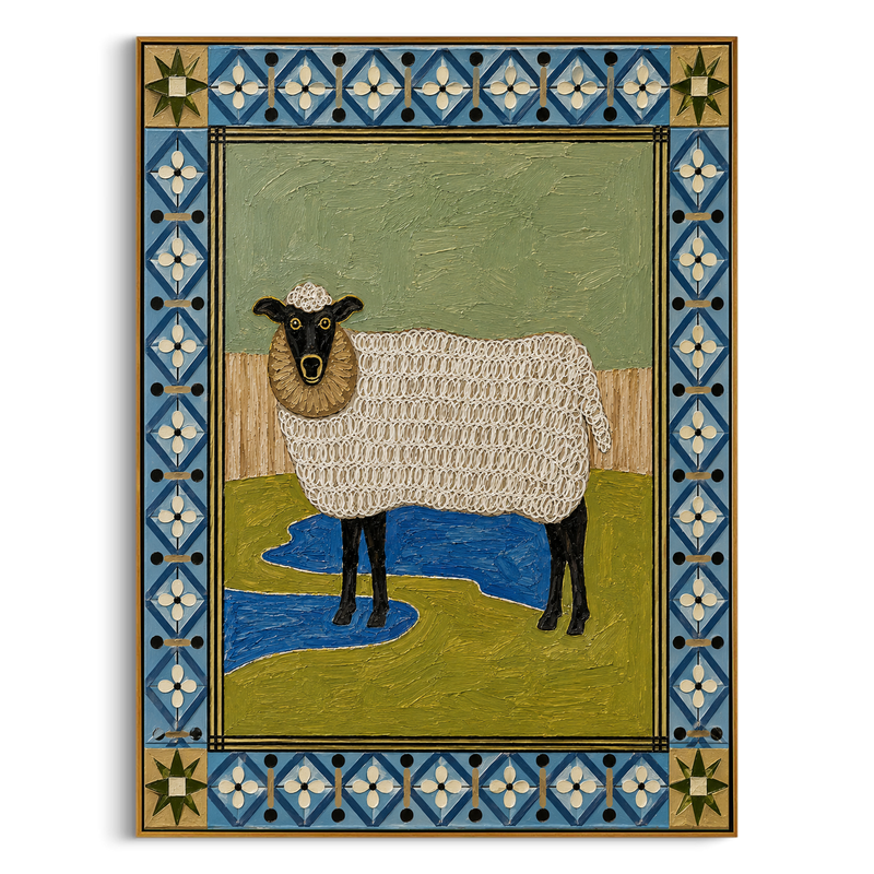 "Folk Art Sheep Portrait" – Modern Heavy Impasto Folk Art | 3D Cerulean & Moss Palette Knife Painting | Luxury Vertical Wall Art #AN 004