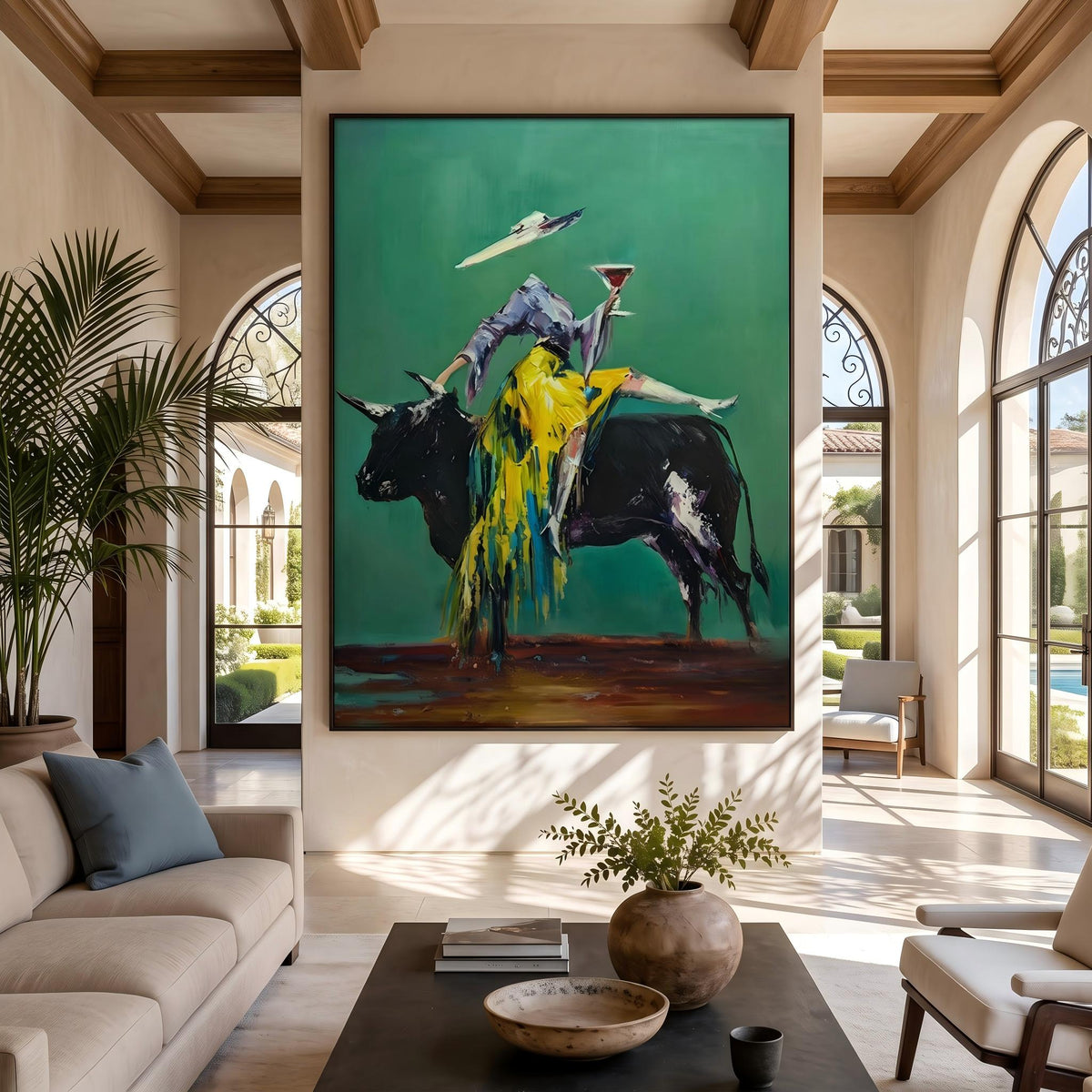 "Velvet Toast of the Emerald Bull" - Modern Heavy Impasto Western Animal Artwork | Green Palette Knife Painting | Luxury Vertical Wall Art #YK 1594
