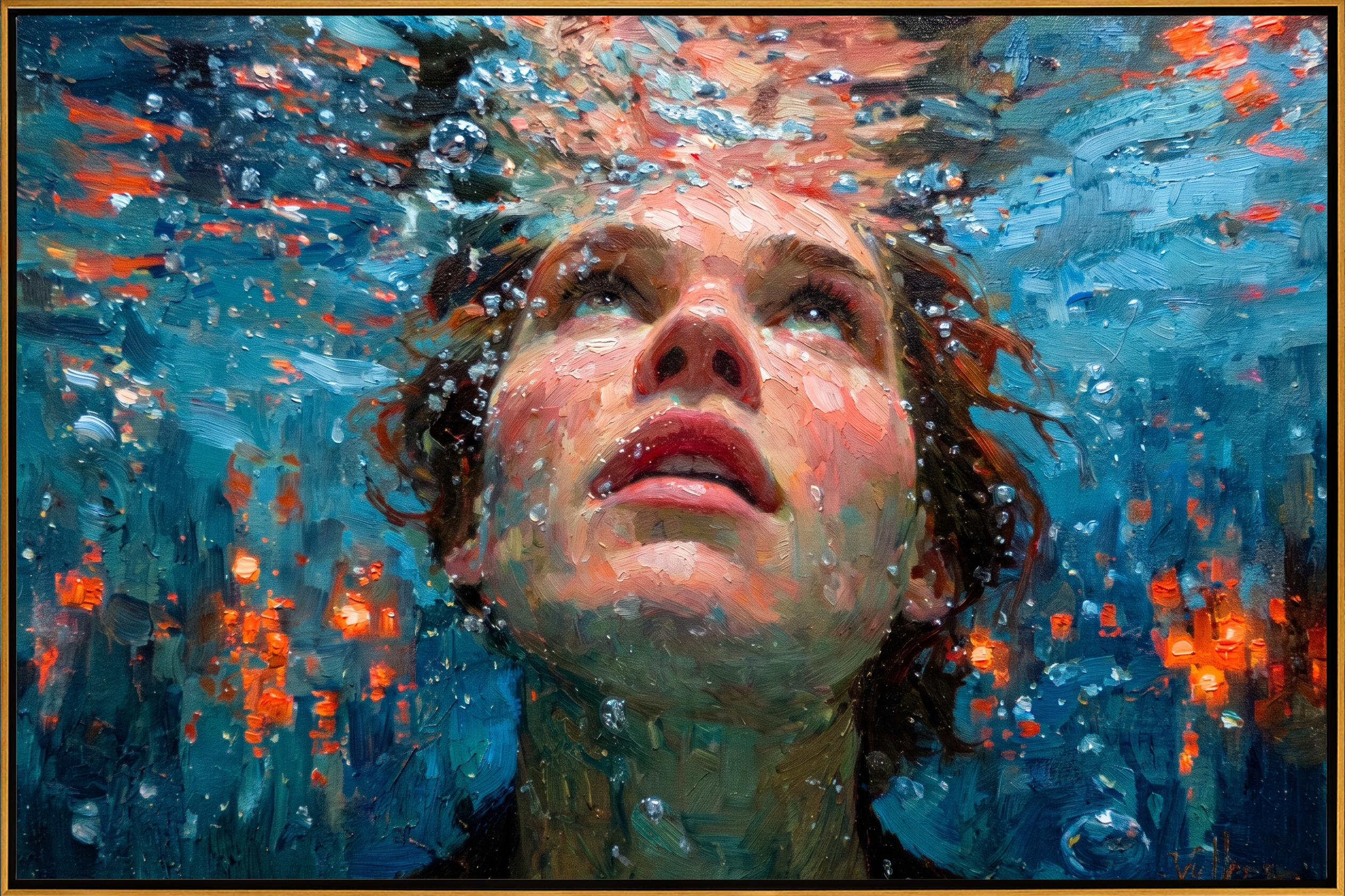 "Rising Breath Underwater" – Modern Heavy Impasto Figurative Art | 3D Turquoise & Coral Palette Knife Painting | Luxury Horizontal Wall Art#PE 004