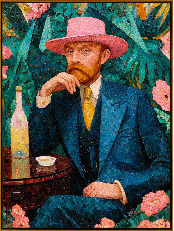"Gentleman with the Pink Hat" – Modern Mosaic-Style Figurative Art | 3D Teal & Coral Textured Portrait | Luxury Square Wall Art#PE 005