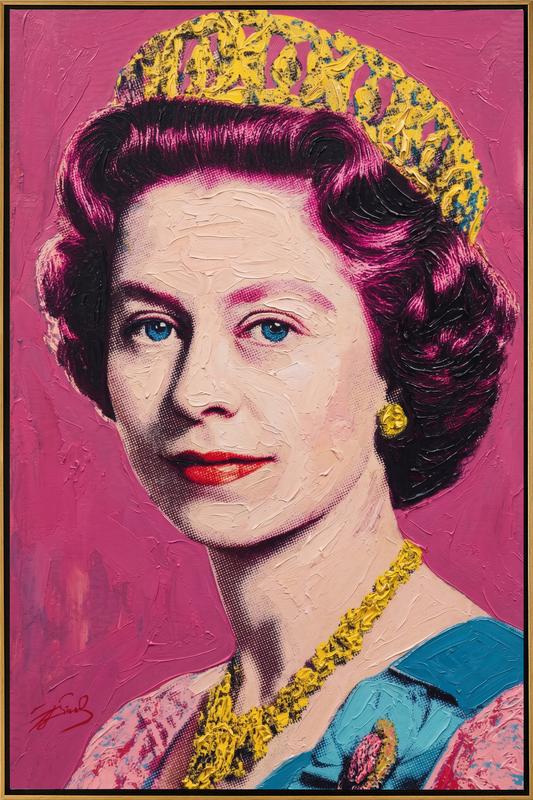 "Pop Art Royal Portrait" – Modern Heavy Impasto Figurative Art | 3D Hot Pink & Gold Palette Knife Painting | Luxury Vertical Wall Art#PE 006