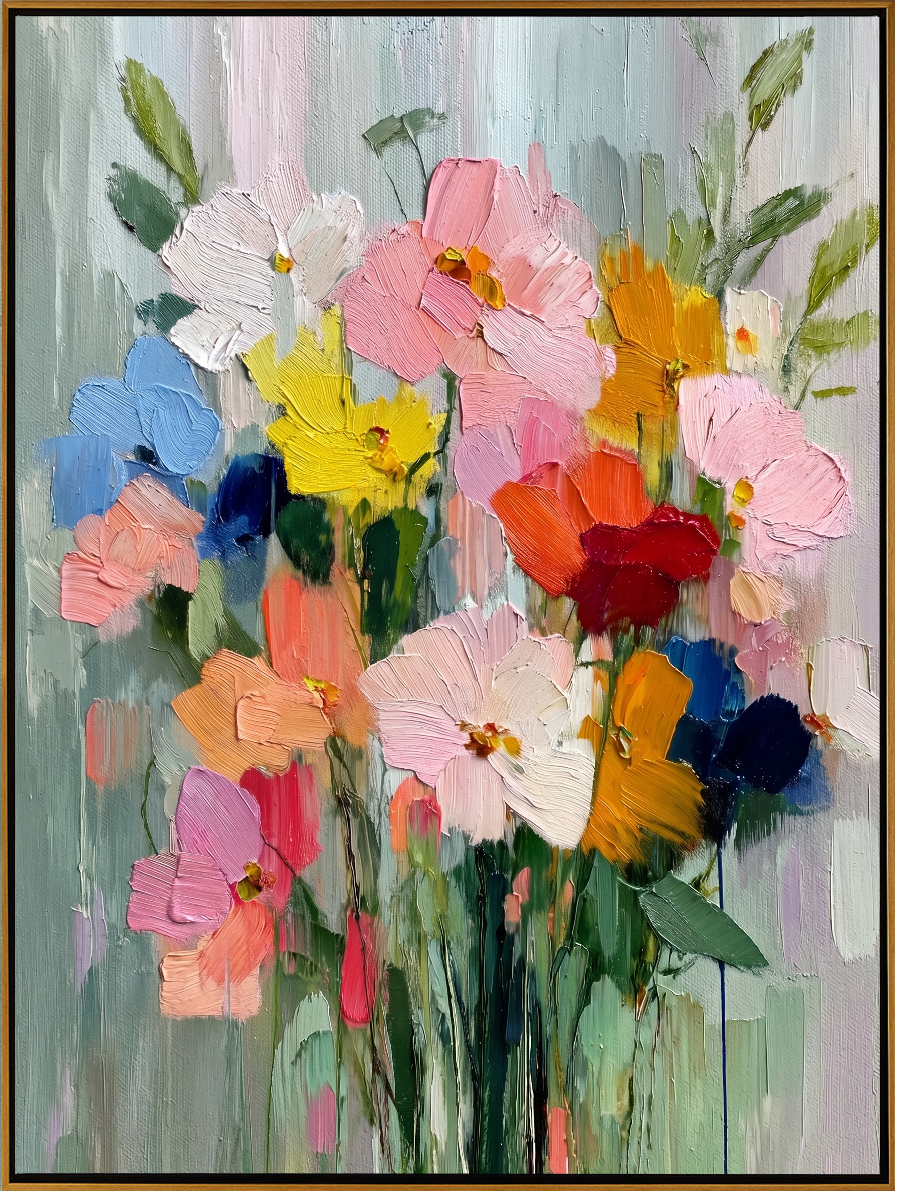 "Impasto Wildflower Bouquet" – Modern Heavy Impasto Floral Art | 3D Pastel & Vibrant Palette Knife Painting | Luxury Vertical Wall Art#FL 001