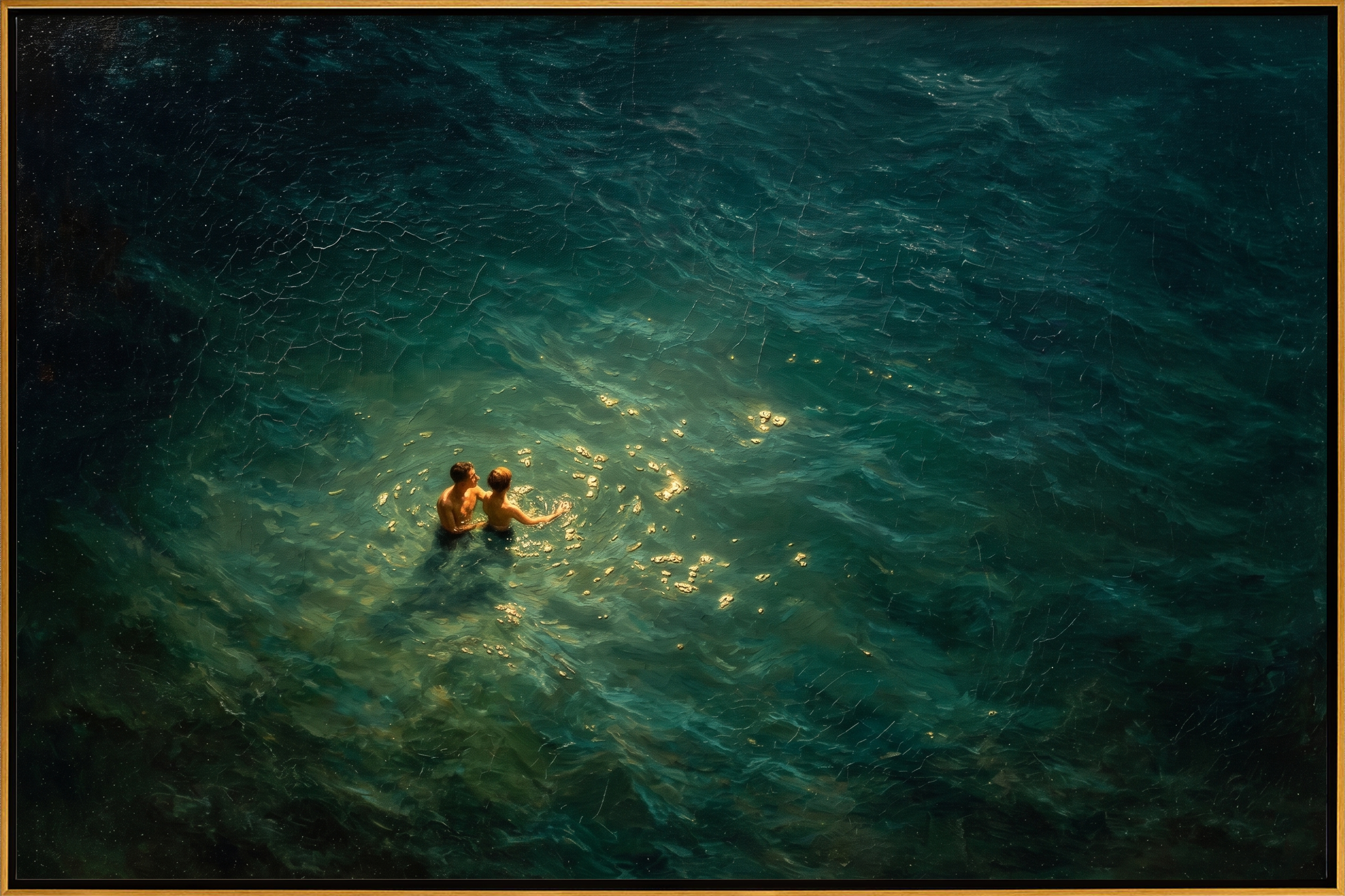 "Golden Light Swim" – Modern Heavy Impasto Figurative Art | 3D Teal & Sunlit Gold Palette Knife Painting | Luxury Horizontal Wall Art#LC 006