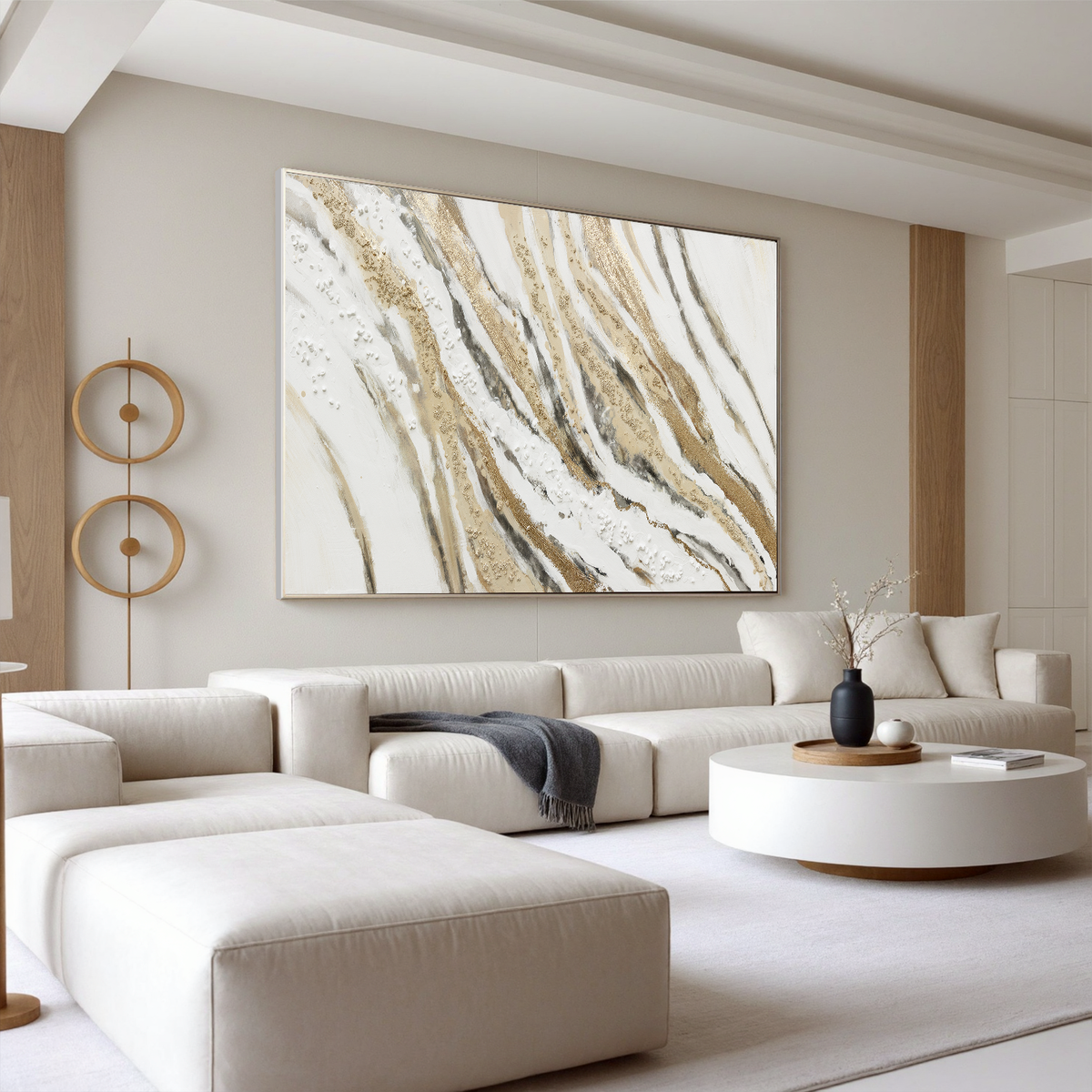 "Golden Echo" - Geometric Plaster Relief | Gold & Grey Geometric Art Statement Art