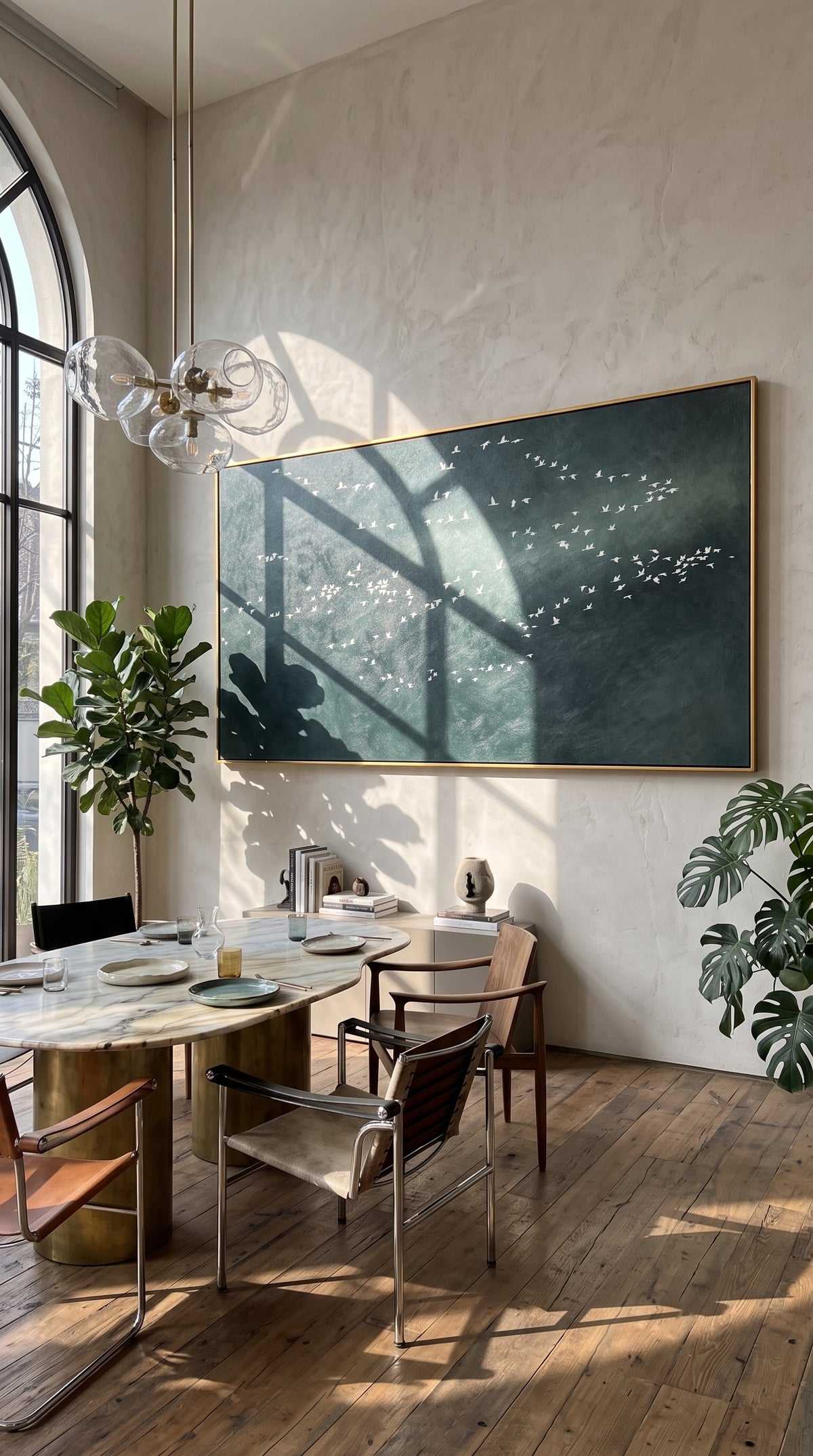 "Distant Flock" - Minimalist Bird Landscape Painting | Dark Green Horizontal Wall Art