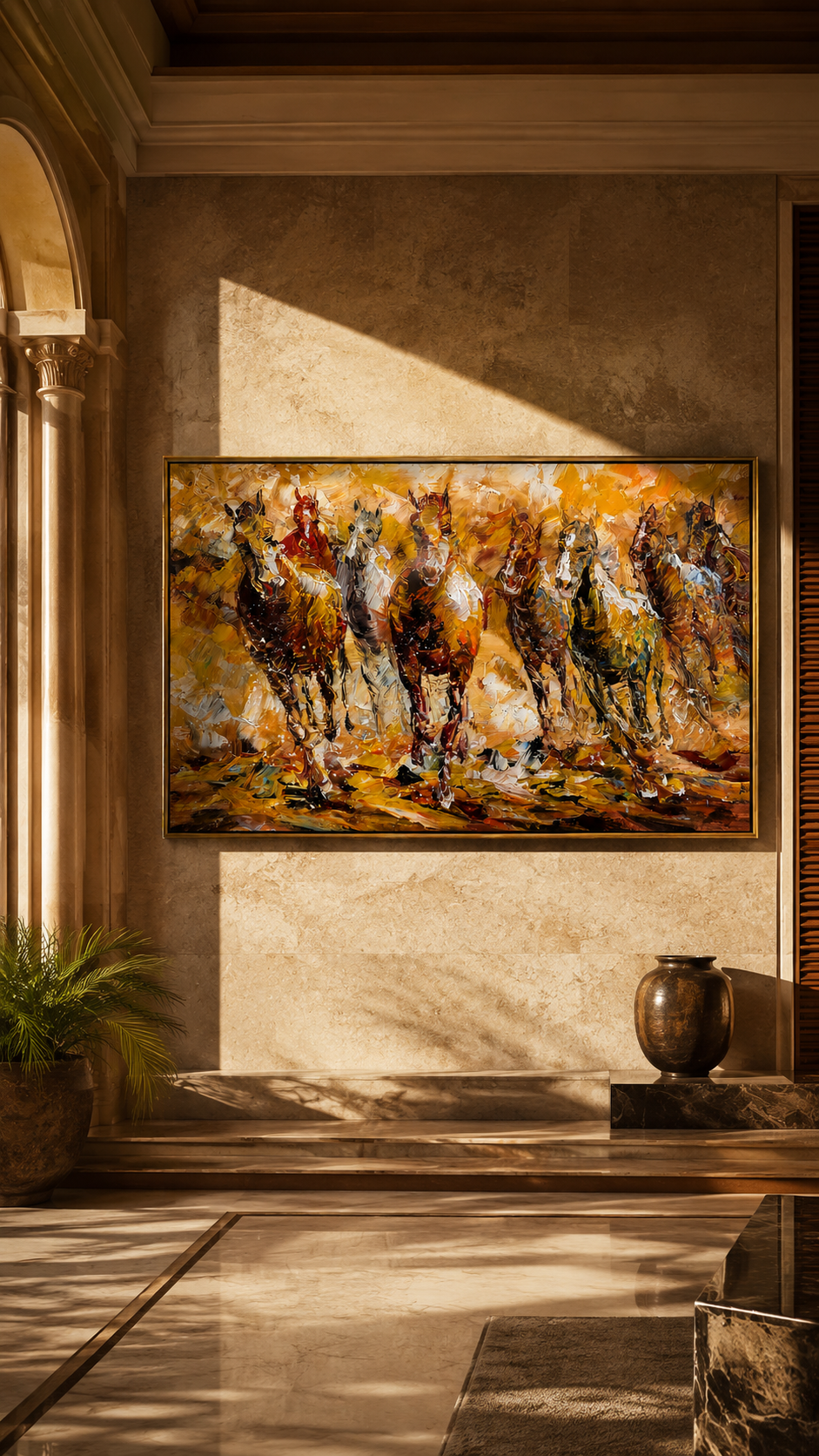 "Golden Gallop" - Colorful Impasto Horse Herd Painting | Brown Gold & White Equestrian Wall Art