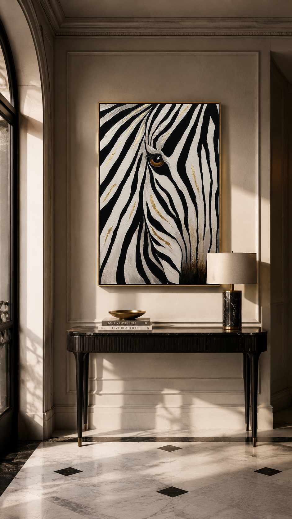 "Golden Gaze" - Textured Zebra Portrait Painting | Black White & Gold Vertical Animal Wall Art