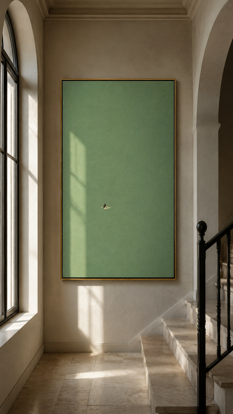 "Small Arrival" - Minimalist Bird Painting | Soft Green Vertical Contemporary Wall Art