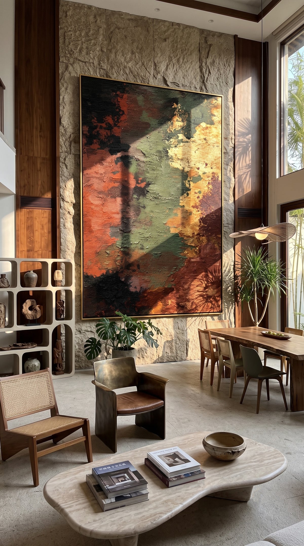 "Ember Fault" - Earth Tone Abstract Texture Painting | Rust Green & Gold Vertical Wall Art