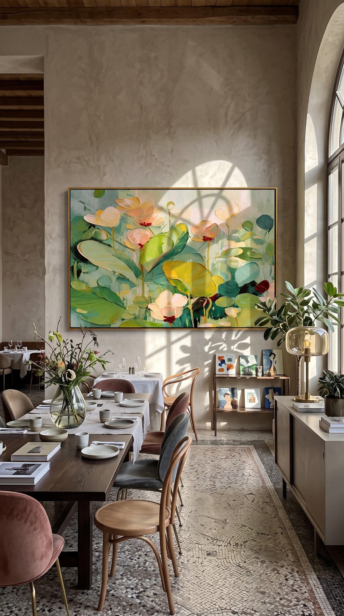 "Lotus Morning" - Soft Floral Water Lily Painting | Green White & Pink Botanical Wall Art