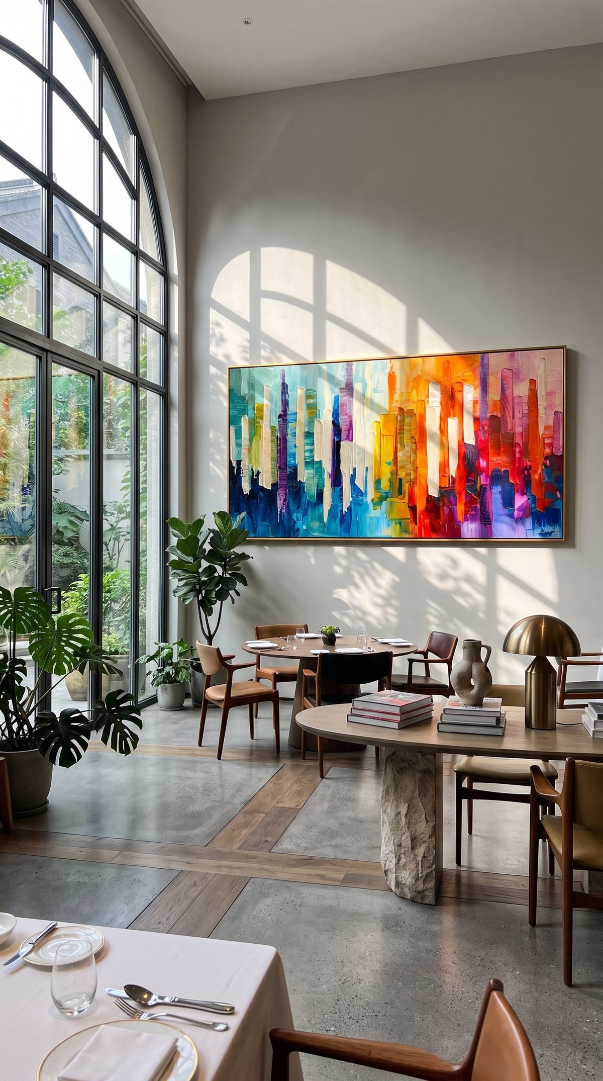 "Chromatic Skyline" - Colorful Abstract Cityscape Painting | Rainbow Vertical Forms Wall Art