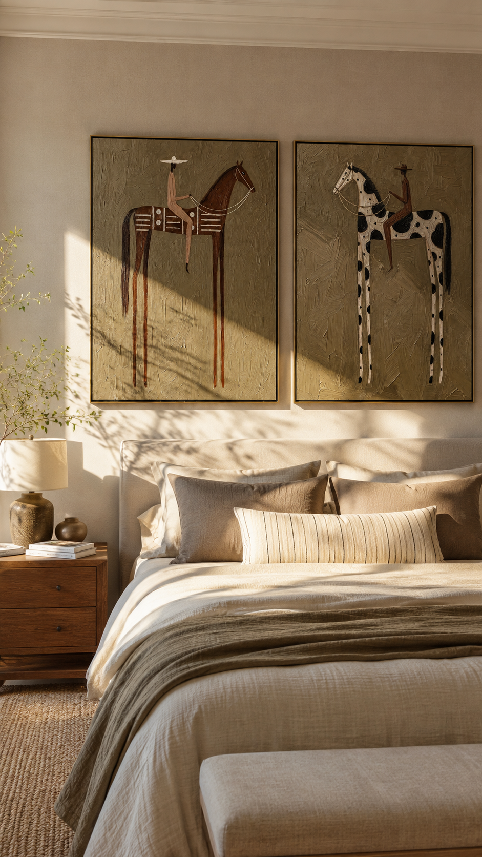 "Whispering Riders" — 3D Textured Abstract Horse & Rider Wall Art Set | Ochre & Slate Diptych#VA604