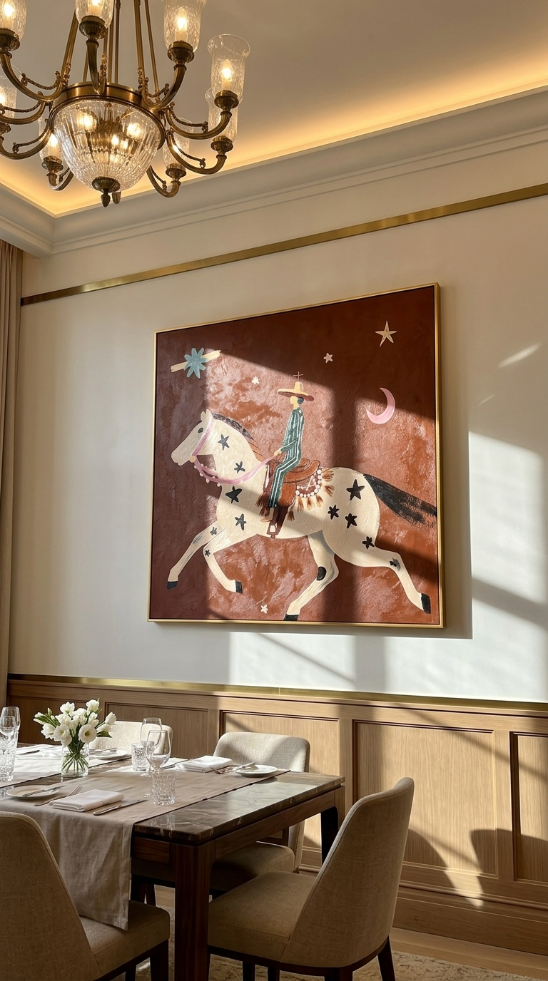 "Moonlit Rider" - Whimsical Horse & Cowboy Painting | Rust Red Western Animal Wall Art