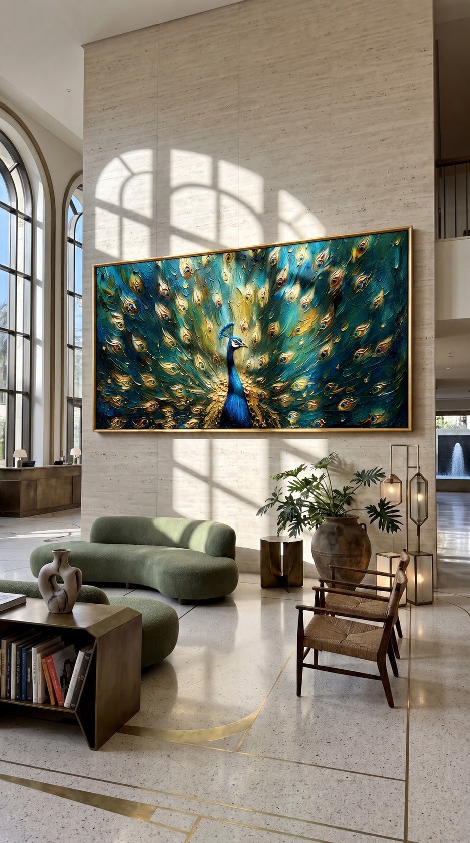 "Emerald Peacock" - Textured Peacock Painting | Green Blue & Gold Animal Wall Art