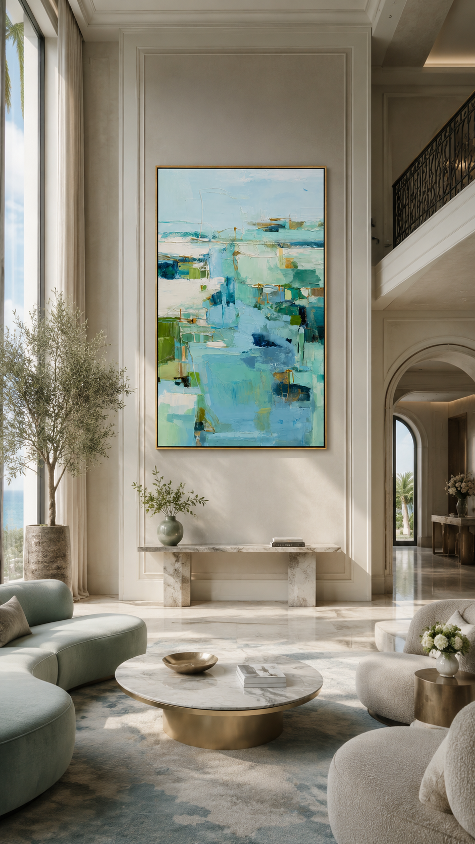 "Aqua Passage" - Soft Abstract Seascape Painting | Blue Green Vertical Contemporary Wall Art