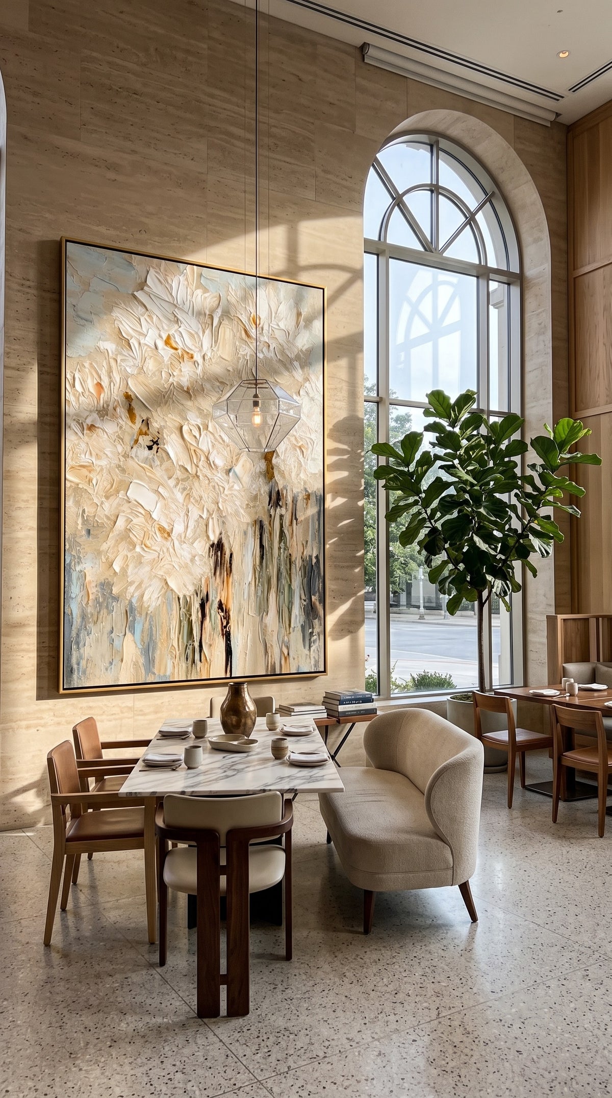 "Ivory Bloomfall" - White Impasto Floral Painting | Beige Textured Vertical Flower Wall Art