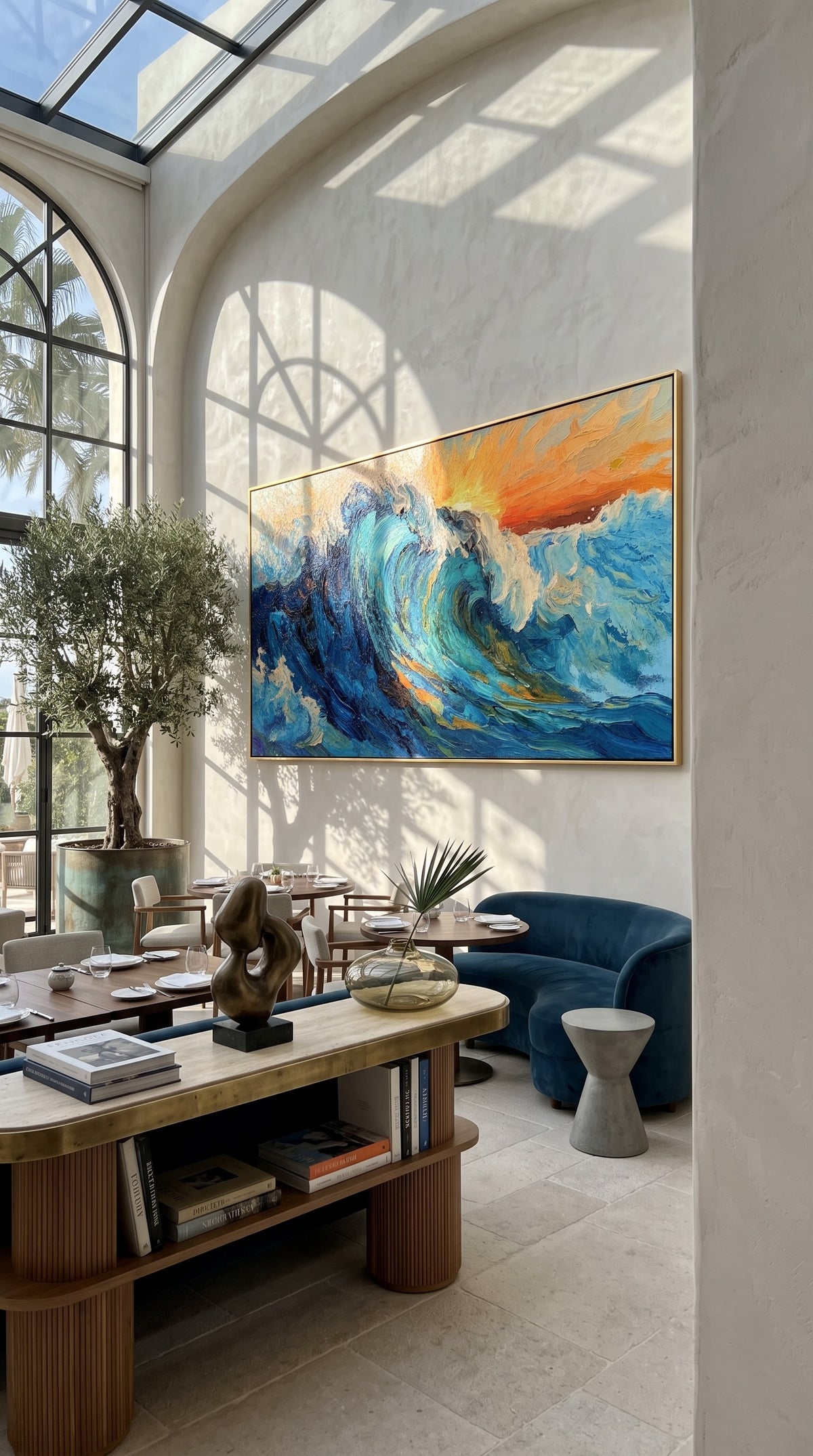 "Breakwater" - Blue Ocean Wave Impasto Painting | Blue Green White Horizontal Ocean Wall Art