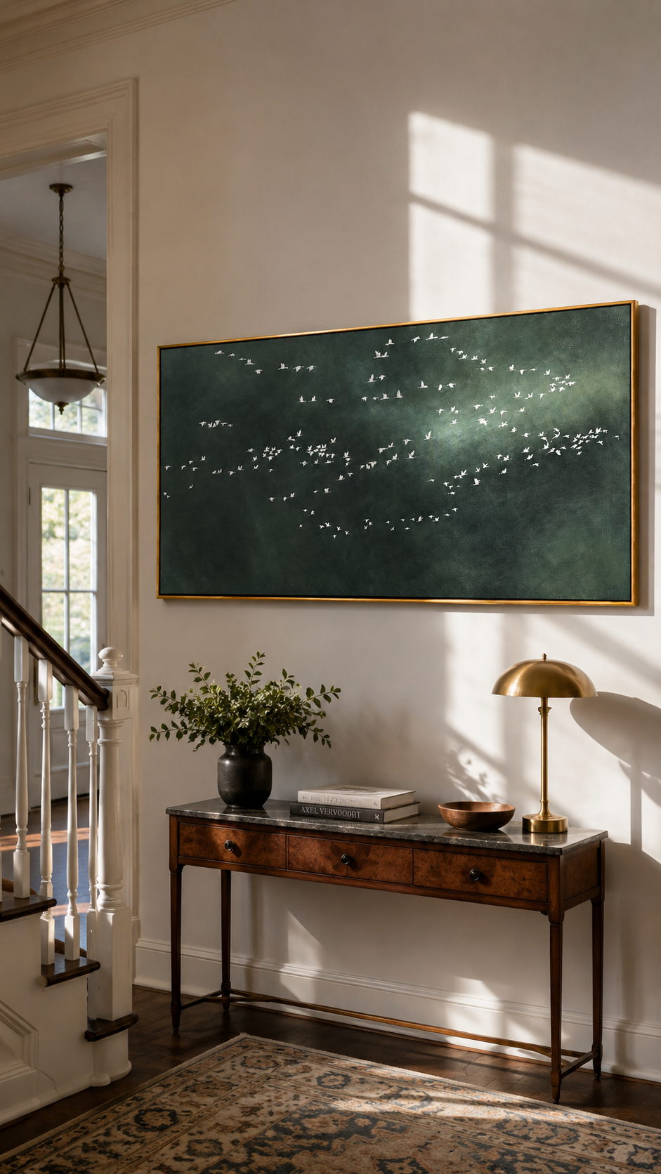 "Distant Flock" - Minimalist Bird Landscape Painting | Dark Green Horizontal Wall Art